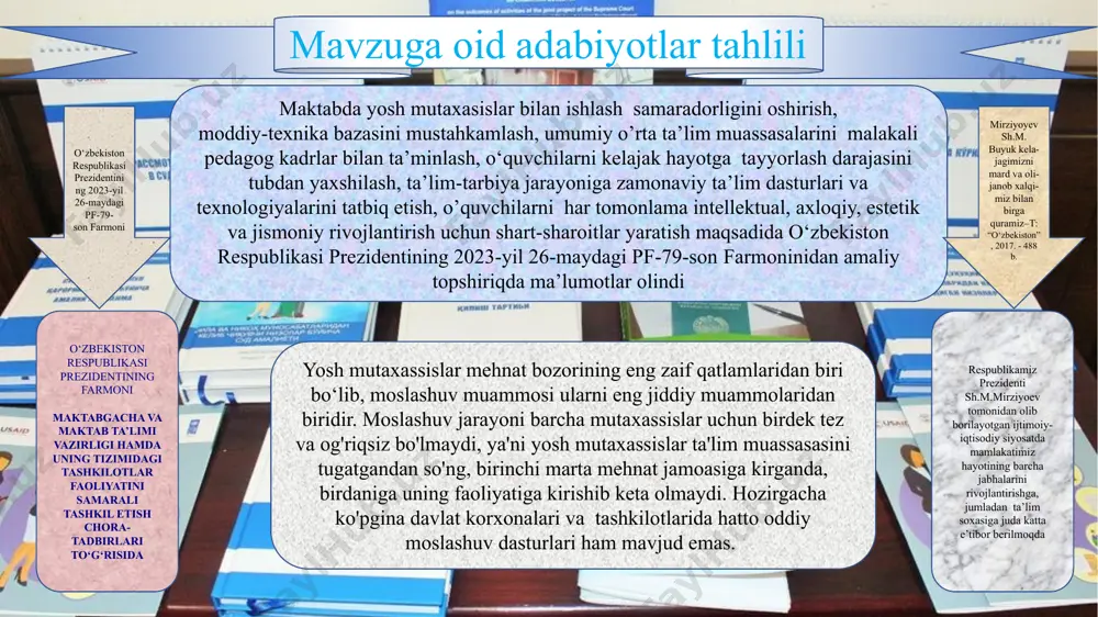 farmoni “ maktabgacha va maktab ta’limi vazirligi hamda uning tizimidagi tashkilotkar faoliyatini samarali tashkil etish chora-tadbirlari to‘grisida” gi 2 mirziyoyev sh.m.” buyuk kelajagimizni mard va olijanob xalqimiz bilan birga quramiz” –t: “o‘zbekiston”, 2017.- 488b. 3 mirziyoyev sh.m. “ tanqidiy tahlil, qat’iy tartib-intizom va shaxsiy javobgarlik- har bir rahbar faoliyatining kundalik qoidasi bo‘lishi kerak”. toshkent. “o’zbekiston”, 2017 yil. 4 m.x. to’xtaxodjayeva pedagogika. - o’zbekiston faylasuflari milliy jamiyati, 2010.398 b. 5 r.x.djurayev , s.t.turg’unov. “ta’lim menejmenti” – toshkent.2006 yil. 6 https://fayllar.org/bolajak-tarbiyachiningkasbiy-komptentligini-shakllantirish-kir.html?page=6 7 sattorov v.n (2023). umumiy pedagogika fani taraqqiyotining ustuvor yo’nalishlari. oriental renaissance: innovative, educational, natural and social sciences,3, 710-719. (2023) 8 sattorov v.n (2022). methods of shaping the culture of the teacher. journal of educational discoveries and lifelong learning. vol 3 no.02. 36-41 (2022). issn (online): 2776-0995 9 arapbaeva damegul kurbanovna, amirova bibisara aubakirovna. personal psychological adaptation and its characteristics. international journal of inclusive and sustainable education. vol. 2. no 2. …