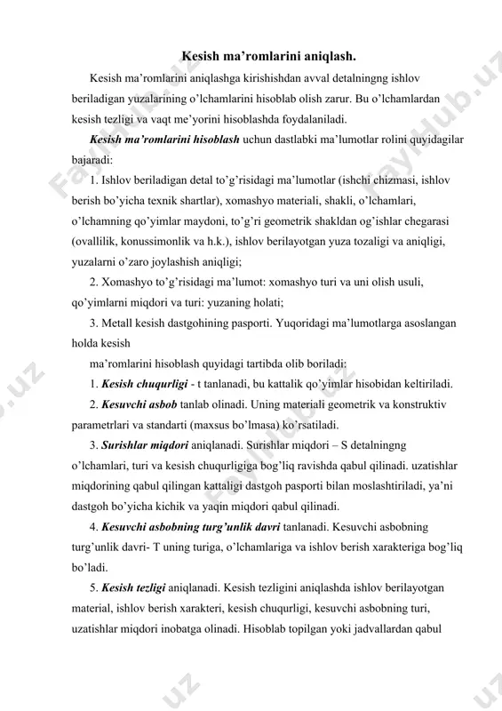 v asboblari to’g’risidagi ma’lumot mujassamlashtiriladi. b) eskizlar kartasi (gost 3.1404-74). bu kartada texnologik jarayon amalsining grafik tasviri aks ettiriladi. v) amallar kartasi (gost 3.1404-71). bu kartada texnologik jarayon amalsi to’la ifodalangan bo’lib, har bir texnologik o’tish, xolatlar ifodalanib, dastgoh, kesuvchi yoki yordamchi asboblar, o’lchov asboblari hamda kesish ma’romlari to’g’risidagi ma’lumotlar keltiriladi. ushbu kartadan sovutish-moylash suyuqliklari to’g’risidagi ma’lumot ham ko’rsatiladi. adabiyotlar: 1. k.p.abduraxmanov, o’.egamov “fizika kursi” darsligi, toshkent.: aloqachi 2013 y. 2. k.p.abduraxmanov, o’.egamov “fizika kursi” darslik, toshkent, “o’quv ta’lim metodikasi” 2015 y. 3. савельев и. в. курс физики. м.: наука 1989 т. 1 4. савельев и. в. курс физики. м.: наука 1989 т. 2 5. савельев и. в. курс физики. м.: наука 1989 т. 3 6. савельев и. в. сборник вопросов и задач по общей физике. м.: аст. астрель. 2005. с.320. 7. к.п.абдурахманов, ў.эгамов “физика курси” дарслиги, тошкент, 2010 й. 8. п.а.типлер, р.а.ллуэллин современная физика (лучший зарубежный учебник в двух …