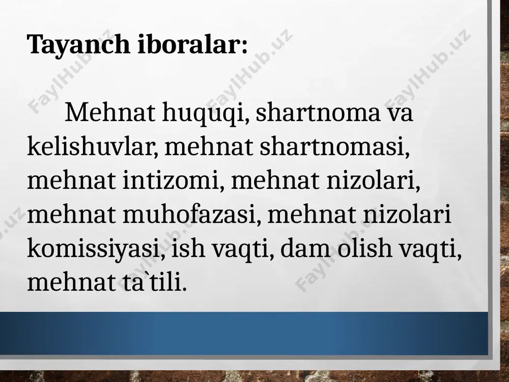 huquq me`yorlarida aks ettirilgan. mehnat shartnomasi tushunchasi. mehnat shartnomasini bekor qilish. mamalakatimizda fuqarolarning mehnat qilishi huquqini amalga oshirishning asosiy shakli-mehnat shartnomasi. mehnat kodeksining 72-moddasiga binoan mehnat shartnomasi xodim bilan ish beruvchi o`rtasida muayyan mutaxassislik, malaka, lavozim bo`yicha ishni ichki mehnat tartibiga bo`ysungan holda taraflar kelishuvi, shuningdek mehnat to`g`risidagi qonunlar va boshqa me`yoriy hujjatlar bilan belgilangan shartlar asosida tegishli haq evaziga bajarish haqidagi kelushuvdir. mehnat shartnomasi fuqarolarning mehnatga bo`lgan konstitutsiyaviy huquqini ro`yobga chiqarishning asosiy tashkiliy-huquqiy shaklidir. mehnat shartnomasi asosida mehnatga jalb qilishi, xodimlar, ish beruvchilar va davlat manfaatlarini ko`zlagan holda har bir kishiga erkin kasb tanlash imkonini beradi. mehnat shartnomasini tuzish jarayoni qo`yidagicha amalga oshiriladi: i. bo`lg`usi ishning shart-sharoitlari haqidagi boshlang`ich muzokaralar, o`zaro tanishuv jarayoni; ii. xodim tomonidan shaxsi, malakasi, salomatligi ahvoli va boshqa talab etiladigan hujjatlarni taqdim etish; iii.xodim va ish beruvchi tomonidan mehnat shartnomasining zaruriy va qo`shimcha shartlarini muhokama etilishi, shu asosda yozma shaklda mehnat shartnomasi loyihasining tuzilishi; iv.mehnat …