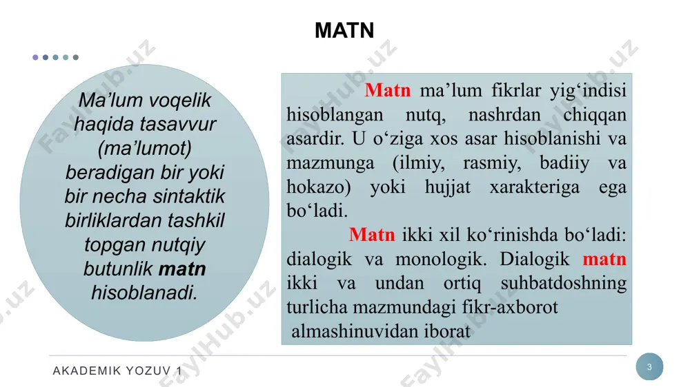 onlik, muhabbat erkinligi va unga sadoqati asarni g‘oyaviy mazmunini tashkil qiladi. akademik yozuv 1 13 asarda xisrav, yosumon kabi yovuz kuchlar bilan farhod, shirin, mehnbonular o‘rtasidagi kurash ko‘rsatiladi. shoir farhod, mehnbonu, shirinlarning barcha harakat- lariga xayrixohlik bildiradi. shohni adolatli bo‘lishiga undash g‘oyasini ilgari suradi. akademik yozuv 1 14 1. tahlilda asarning mazmuniga ham shakliga ham e’tibor berish va mazmunning yetakchi rolini ta’kidlab o‘tish zarur. 2. matn tahlilida tahlilning yuqoridagi u yoki bu turidan foydalaniladi. 3. matnni sharhlash so‘z va so‘z shakllari badiiy tasvir vositlarining asar g‘oyaviy va estetik mazmunini oshirishdagi roli izohlanadi. matnni sharxlashda lingvistik aspekt asosiy o‘rinni egallaydi. u traditsion adabiiy tahlilda ham yetakchi sanaladi, chunki u matnning estetik strukturasi va badiiy tasvir vositlarini o‘rganishga ko‘maklashadi. akademik yozuv 1 foydalanilgan adabiyotlar 15 азимова и. ўзбек тилидаги газета матнлари мазмуний перцепциясининг психолингвистик тадқиқи: филол. фан. номз. … дисс. автореф. – тошкент, 2008. белянин в. п. психолингвистика. учебное пособие. –м.: флинта, …