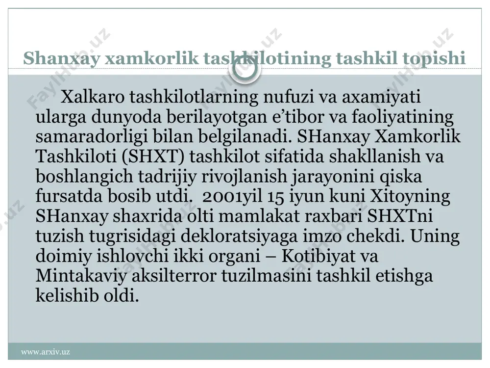 xiv.uz havfsizlik taminlash harbiy-siyosiy soha barqarorligini taminlash terrorizmga qarshi kurashish choralarini kurish iqtisodiy masalalar iqtisodiy haqmkorlikni yo`lga qo`yish makro iqtisodiyot faoliyatini rivojlantirish terrorizm masalasi bo`yicha: ma’lumki, butun dunyoda terrorchilik kuchaymokda. yadroviy, kimyoviy, biologik, elektron terrorchilik xavfi paydo buldi. shularni xisobga olgan xolda, shxt egallagn mintakada taxdidlarni oldini olish uchun yaxlit bir tizim, umumiy mexanizm ishlab chikish maksadga muvofikdir. tashkilot xavfsizlikni mustaxkamlash borasida amaliy xamkorlikni rivojlantirayotganini ta’kidlash joiz, toshkentda rasman ochilgan mintakaviy aksilterror tuzilmasi zimmasiga axborot almashish, chegara va bojxona kumitalarining, maxsus xizmatlarning xamkorligini muvofiklashtirish, shu orkali terrorchilikning oldini olish vazifasi yuklangan. www.arxiv.uz quyida tashkilotning xar yilgi davlat rahbarlari yig`ilishlari : www.arxiv.uz 14-15 iyun 2001 yil, xitoy - shanxay 7-iyun 2002 yil, rossiya - sank-peterburg 28-29 may 2003 yil rossiya - moskva a`zo davlatlar boshliqlari www.arxiv.uz www.arxiv.uz 17-iyun 2004 yil o`zbekiston - toshkent 5-iyun 2005 yil qozog`iston – ostona 14-15 iyun 2006 yil xitoy - shanxay muhokamalar jarayoni www.arxiv.uz www.arxiv.uz 16-avgust …