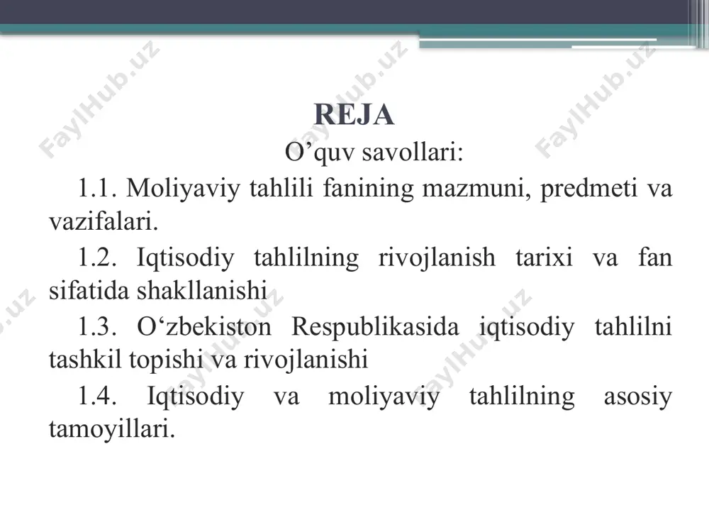 rama-qarshilik; 05 miqdor o‘zgarishidan sifat o‘zgarishi; 06 inkorni-inkor va boshqalar. 07 koordinatsiya va subkoordinatsiya; 04 moliyaviy tahlil fani quyidagi fanlar bilan o‘zaro aloqadordir: 2 ishlab chiqarishni tashkil etish va boshqarish; 5 statistika va informatika; 8 huquqiy fanlar bilan; 1 4 6 7 3 9 buxgalteriya hisobi va audit; mikro va makro iqtisod; rejalashtirish (biznes reja tuzish); moliya, bank, soliq masalalariga taaluqli fanlar bilan; iqtisodiy matematika va kompyuter asoslari fani bilan; tabiiy fanlar bilan va hakozolar. tahlil fanining “audit” fani bilan bog‘liqligi. audit – mustaqil ekspertlar, auditorlar tomonidan korxona moliya-xo‘jalik faoliyatini tekshirishni anglatadi. bunda nafaqat tekshirish balki korxonaning iqtisodiy, moliyaviy faoliyatini optimallashtirish bo‘yicha ham tavsiyalar ishlab chiqiladi. audit – ishonchlilik bo‘yicha mustaqil tekshiruv hisoblanadi. audit – auditorlarning yoki auditorlik firmalarining buxgalteriya hisobi yoki moliyaviy hisobotlarni, buxgalteriya hujjatlari, soliqlar va boshqa majburiyatlarni auditorlik tekshiruvini amalga oshirishdan iborat tadbirkorlik faoliyati hisoblanadi. audit – bu korxonaning moliyaviy hisobotlarini ekspertizadan o‘tkazish, buxgalteriya hisobini yuritish tartibini, …