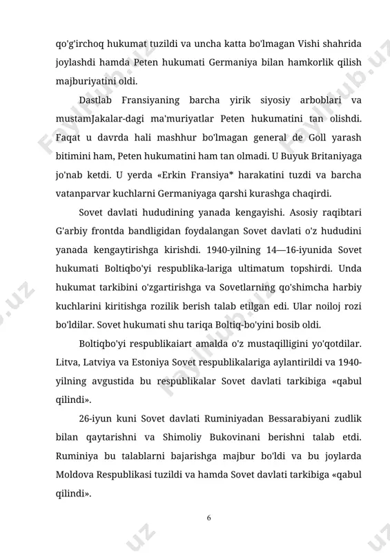 ari. fashistlarning yangi tartibi. 1940-yilning 28-oktabrida italiya gretsiyaga hujum qildi. 1941-yilning 6-aprelida germaniya armiyasi italiyaga yordamga keldi va natijada 17-aprelda yugosjaviya, 23-aprelda gretsiya taslim bo'ldi. buyuk britaniya hukumati gretsiyadagi ingliz korpusini misrga evakuatsiya qilishga majbur bo'ldi. 1941-yilning yozigacha germaniya va italiya yevropaning 12 davlatini zabt etishga ulgurdilar. bosib olingan davlatlarda fashistlarning okkupatsiya tartibi o'rnatildi. fashistlar o'zlarining bu lartibini «yangi tartib* deb atadilar. yangi tartibga ko'ra, demokratik erkinliklar tugatildi; siyosiy partiyalar va kasaba uyushmalari faoliyati taqiqlandi. ish tashlash va mitinglar o'tkazish man etildi. bo'ysunmaganlar o'lim lagerlariga tashlandi. polsha va germaniyada tashkil etilgan konsentratsion lagerlar aslida o'lim fabrikalari edi. fashistlarning jinoyatchi rahbarlari millionlab kishilarni qirib yuborish uchun maxsus rejalarni ishlab chiqdilar. rejaga ko'ra, o'lim fabrikalarida 11 mln. kishining yostig'ini quritdi. bosib olingan davlatlar iqtisodiyoti bosqinchilar manfaati uchun mahsulot ishlab chiqara boshladi. biroq «yangi tartib» ijodkorlarining jinoyatlariga befarq qarab turilmadi. har bir bosib olingan davlatdan qarshilik ko'rsatish harakati vujudga keldi. bu harakat a'zolari …