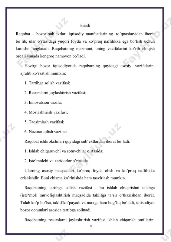 dagi raqobat ishlab chiqarish va sotishning qo’layroq sharoitiga ega bo’lish, qo’shimcha foyda olish uchun bir tarmoq korxonalari o’rtasida boradi. korxonalarning (tarmoqlar ichida) har bir tarmoqda texnika bilan ta‘minlash darajasi va mehnat unumdorligi darajasi turlicha bo’lganligi sababli, shu korxonalarda ishlab chiqarilgan tovarlarning individual (alohida) qiymati bir hil bo’lmaydi. tarmoq ichidagi raqobat tovarlarning ijtimoiy qiymatini, boshqacha aytganda, bozor qiymatini aniqlaydi va belgilaydi. bu qiymat, odatda, o’rtacha sharoitda ishlab chiqarilgan va muayyan tarmoq tovarlarining anchagina qismini tashkil etadigan tovarlarning qiymatiga mos keladi. tarmoqlar ichidagi raqobat natijasida texnikaviy darajasi va mehnat unumdorligi yuqori bo’lgan korxonalar qo’shimcha foyda oladilar va aksincha, texnika jihatdan nochor korxonalar esa, o’zlarida ishlab chiqarilgan tovar qiymatining bir qismini yo’qotadilar va zarar ko’radilar. tarmoqlararo raqobat turli tarmoqlar korxonalari o’rtasida eng yuqori foyda normasi olish uchun olib boriladigan kurashdan iborat. masalan, sanoat, qishloq xo’jaligi va qurilish sohalarida raqobatda qaysi tarmoqda foyda ko’p bo’lsa, kapital shu tarmoqda ko’chiriladi, keyin esa boshqasiga qaytadi, chunki …