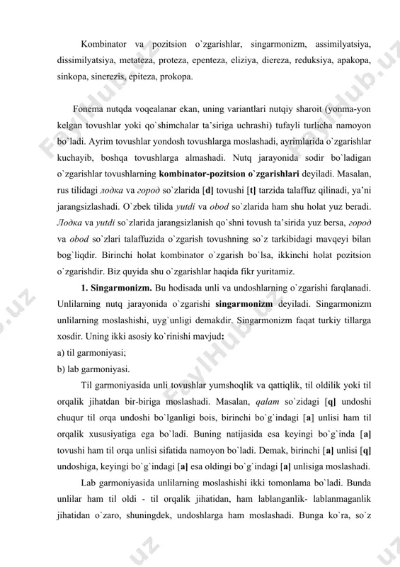 lisi [q] undoshiga, keyingi bo`g`indagi [a] esa oldingi bo`g`indagi [a] unlisiga moslashadi. lab garmoniyasida unlilarning moslashishi ikki tomonlama bo`ladi. bunda unlilar ham til oldi - til orqalik jihatidan, ham lablanganlik- lablanmaganlik jihatidan o`zaro, shuningdek, undoshlarga ham moslashadi. bunga ko`ra, so`z boshidagi unli lablangan til oldi unlisi bo`lsa, so`z oxirida ham lablangan til oldi unlisi keladi. so`z boshidagi unli lablangan til orqa unlisi bo`lsa, so`z oxiridagi unli ham lablangan til orqa unlisi bo`ladi. masalan, boshqird, sog`in, bo`g`in so`zlaridagi kabi. 2. assimilyatsiya. nutq tovushlari qator kelganda ba’zan bir-biriga ta’sir qilib, biri ikkinchisini o`ziga moslashtiradi. nutqdagi bunday hodisa assimilyatsiya deyiladi. assimilyatsiya ikki xil bo`ladi: progressiv assimilyatsiya va regressiv assimilyatsiya. agar oldingi tovush keyingi tovushni o`ziga o`xshatsa, moslashtirsa, progressiv assimilyatsiya yuz beradi: ket+di=ketti, ayt+di=aytti, ot+dan=ottan, yurak+ga=yurakka. keyingi tovush oldingi tovushga ta’sir qilib, uni o`ziga o`xshatsa, moslashtirsa, regressiv assimilyatsiya yuz beradi: yigit+cha=yigichcha, yoz+sin=yossin, uch+so`m=usso`m, tuz+sin=tussin. rus tilida отдать so`zi oддать tarzida talaffuz etiladi. bu ham …