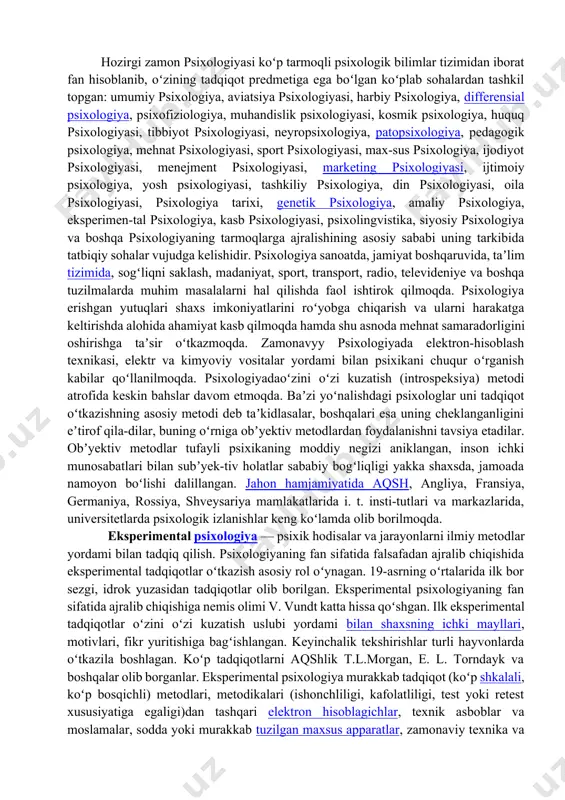 gan. aristotel „jon toʻgʻrisida“gi asarida psixologik tushunchalar tizimini ishlab chiqdi. oʻrta asrlarda psixikaga nisbatan har xil koʻrinishdagi gʻayritabiiy qarashlar hukmronlik qildi. shu tufayli psixologik bilimlar rivojlanmay qoldi. ammo baʼzi faylasuflar va shifokorlar (ibn sino va boshqalar) asarlarida bu sohada olgʻa qadam qoʻyildi. inson xususiyatlari toʻgʻrisidagi maʼlumotlar qad. qoʻlyozmalar, yodgorliklarda oʻz aksini topa boshladi. turli mamlakatlarda va shaharlarda tuzilgan akademiyalarda (xorazm, samarqand, kiyev, moskva va boshqa shaharlarda) psixologiya yuzasidan tinglovchilarga saboq berilgan. yevropa uygʻonish davrida leonardo da vinchi, x. vives kabilar psixologiya rivojiga oʻz hissalarini qoʻshdilar. 18-asrgakelib m. v. lomonosov, a.n. radishchev, g. s. skovoroda, t. gobbs, b. spinoza, g. leybnits. j. lokk, k. a. gelvetsii, psixologiya a. golbax, d. didro psixologiyada bir talay kashfiyot qildilar, uni amaliy maʼlumotlar bilan boyitdilar. psixologiya 19-asrning 2yarmiga kelib mustaqil fan sifatida ajralib chikdi. nemis olimi v. vundt leypsigda 1879-yil dastlabki eksperi-mental lab.ni jihozlashga erishdi. psixologiya taraqqiyotida umuman 19-asrdagi ek-sperimentlar alohida ahamiyat kasb etdi. bu …