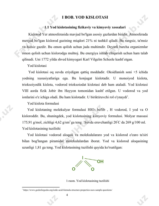 og'lovchi donor va vodorod aloqasi qabul qiluvchining xossa qiymati mos ravishda 1 va 3 ga teng. kislotalarning nomlari ularning anionidan va shuning uchun vodorodga bog'langan iondan olingan. yod kislotasi birikma bo'lishi mumkin. bu oq suvda eriydigan qattiq moddadir. oksidlanish soni +5 ichida yod mavjud. va u halogenlarning eng barqaror okso-kislotalaridan biridir. yod kislotalarining ikki klassi mavjud. uning mustahkamligi kislota va kislotaning beqarorligidan farq qiladi. ko'zning yallig'lanishi qizarish, sug'orish va qichishish bilan ajralib turadi. terining yallig'lanishi qichishish, tozalash, qizarish yoki vaqti-vaqti bilan pufakchalar bilan tavsiflanadi. ushbu modda buyrak, o'pka va shilliq pardalarga toksik ta'sir ko'rsatadi. moddaning takroriy yoki uzoq muddat ta'sir qilishi ushbu organlarga zarar etkazishi va ko'zning tirnash xususiyati keltirib chiqarishi mumkin. teriga vaqti-vaqti bilan ta'sir qilish mahalliy terini yo'q qilishga yoki dermatitga olib kelishi mumkin. 1.2 yod kislotasini tayyorlash yod i2 ning kislota hosil qilish uchun aqua fortis, xlor, xlorid kislota yoki peroksid kabi kuchli oksidlovchi moddalar bilan oksidlanishi. …