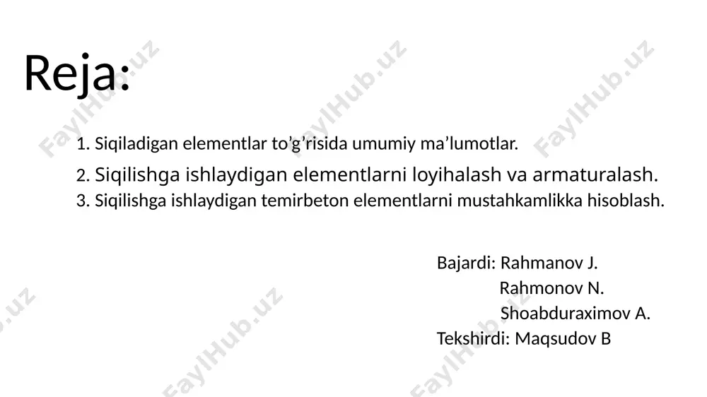 aning qiymati eo=ea formuladan topiladi; bu yerda ea—tasodifiy (ekssentrisitet) yelka. siqiluvchi elementlarda ishlatiladigan betonning sinfi b15 dan, agar katta yuk qo'yilsa, b25 dan kam bo'lmasligi kerak. ustunlarning bo'ylama armaturalari diametri 12—40 mm bo'lgan a -ii, a-iii va аt,- iiic sinfli po'latdan ishlanadi. shu bilan birga diametri 32 mm gacha bo'lgan to'qima karkas bilan armaturalangan egiluvchan elementlarda at-iv; at-v; va a-v sinfli armaturalar qo'llash ruxsat etiladi. nomarkaziy siqilish ko'ndalang armatura uchun asosan а-i, a-ii sinfli po'lat sterjenlar hamda в-i sinfli sim ishlatiladi. armaturalar yassi yoki fazoviy karkas ko'rinishida biriktiriladi. kesim yuzasida armatura miqdori 3% dan ortmasligi va 0,05-0,025 % dan kam bo'lmasligi lozim. bu yerda 0,05% siqiluvchi, 0,025 % esa cho'ziluvchi elementlar uchun. ko'ndalang kesimi 4 0 x 4 0 sm bo'lgan ustunlarga 4 ta bo'ylama armatura yetarli. ishchi armaturalar orasi 40 smdan ortsa, orasiga qo'shimcha sterjen qo'yilishi zarur. ustunlarning kesim o'lchami 500 mm gacha bo'lsa, 50 mm ga karrali, agar …