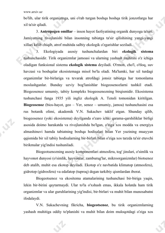 n, lekin bir-birini qaytarmaydi. ular to'la o'xshash emas, ikkala holatda ham tirik organizmlar va ular guruhlarining yig'indisi, bir-birlari va muhit bilan munosabatni ifodalaydi. v.n. sukachevning fikricha, biogeotsenoz, bu tirik organizmlarning yashash muhitiga oddiy to'planishi va muhit bilan doim muloqotdagi o'ziga xos yashash formasidir. biogeosenozlar yer yuzining har xil joyida hosil bo'lishi mumkin. ekosistemalar komponentlari va ulardagi mavjud jarayonlar, biologik tirik, energiya kelishi va moddalar almashinishdan iborat. bu yerda quyoshdan kelayotgan energiya bir tomonga yo'nalib, biologik tirik tomonidan o'zgarib, sifat jihatdan murakkab organik moddaga o'tadi va energiyaning konsentrlashgan formasiga aylanadi. hamma ekosistemalar va biosfera ham ochiq sistema hisoblanadi. biosferaga kiradigan ekosistemalar energiya kelishi, unga organizmlar immigrasiyasi va emigrasiyasi qilishida energiya kirishi va chiqishida o'zini boshqarib turadi. 4. ekosistemalarda materiyaning bir formasidan ikkinchi formaga o'tishi, kimyoviy moddalarning biosferada aylanishi, ya'ni tashqi muhitdan organizmga va undan tashqariga o'tishi elementlarni doimiy sirkulyasiya qilishi natijasida yuzaga keladi. bu holatlar katta yoki kichik berk aylanma holati …