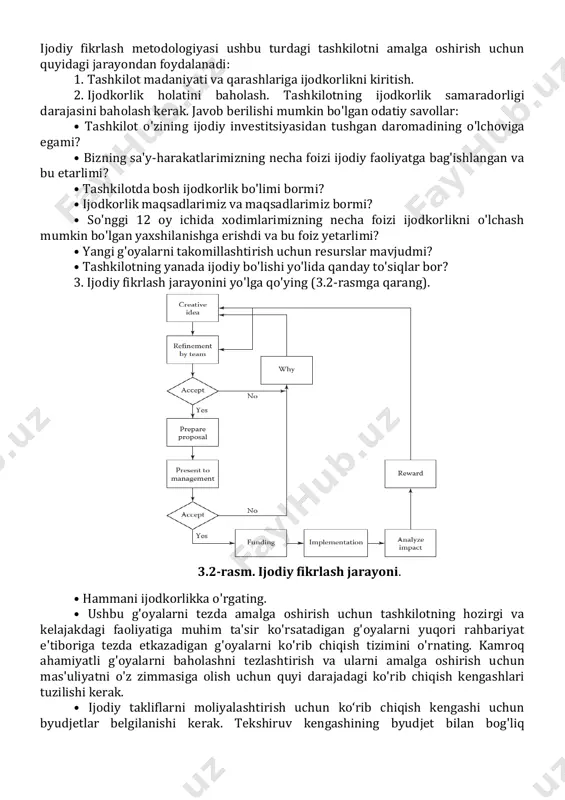 ning bosh suyagi ichida mavjud (3.1-rasmga qarang). 3.1-rasm. miyaning feliks va oskar tomonlari. feliks, bizning miyamizning chap tomoni kabi, funktsional, mantiqiy, texnik va rejalashtiruvchi shaxsdir. u ro'yxatlarni yaxshi ko'radi; u hamma narsani tartibda xohlaydi. u chalkash muhitda xafa bo'ladi. u boshqalarni xursand qilish istagi kuchli. boshqa tomondan, oskar bizning miyamizning o'ng tomoniga o'xshaydi: juda ijodiy, juda kontseptual, juda tez his-tuyg'ularga moyil bo'lib, chalkashlik va noaniqliklarda gullab-yashnaydi. oskar yaratgan tushunchalar, feliks ularni amalga oshirish uchun mantiqiy, tuzilgan tartibga solishga harakat qiladi yoki u kontseptsiyani amaliy emas, deb rad etadi. "g'alati er-xotin" teleko'rsatuvidagi hazil, bu ikki xil shaxs boshqasini aqldan ozdirmasdan birga yashashda duch kelgan muammo edi. ijodiy bo'lishda biz duch keladigan muammo - bu miyamizning ikki xil qismini qanday qilib ilgari erishib bo'lmaydigan natijalarga erishish uchun birgalikda ishlashga undashimiz mumkin. ammo ijodkorlikning o'zi etarli emas. bu innovatsiyalar bilan birga bo'lishi kerak. ijodkorlik va innovatsiya hamkorlar, lekin ular bir xil narsa emas. …