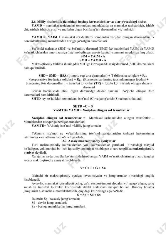 atlar o‘rtasidagi farq. yaimni xarajatlar orqali hisoblash formulasini quyidagicha tasvirlash mumkin: yaim = s + i + g + xp o‘zbekiston respublikasida yaratilgan yaimning foydalanish (xarajatlarga ko‘ra) tarkibi tahlili (2.2-jadval) shuni ko‘rsatadiki uy xo‘jaliklarining iste’mol xarajatlari yaim tarkibidagi eng salmoqli komponent ekan. bu ko‘rsatkichning yaimdagi ulushiga ko‘ra o‘zbekiston rossiya federatsiyasi, yaponiya va fransiya davlatlariga yaqin turadi. yalpi jamg‘arish, yoki yalpi investitsiyalar ulushi kattaligi bo‘yicha ikkinchi komponent bo‘lib 2016 yilda yaimning 24,9 %ini (shu jumladan asosiy kapitalga kiritilgan investitsiyalar 27,8 %ni, zahiralarning o‘zgarishi -2,9 % ni tashkil etgan. 2.2-jadval. yaimning foydalanish tarkibi, foizda 1991y. 1995y. 2000y. 2005y. 2010y. 2016y. yaim – jami (foizda) 100,0 100,0 100,0 100,0 100,0 100,0 yakuniy iste’mol xarajatlari 77,0 72,9 80,6 64,3 64,8 74,4 - uy xo‘jaliklari; 54,9 50,1 60,9 47,4 47,9 57,5 - davlat boshqaruv organlari; 20,7 22,3 18,7 15,9 15,8 16,1 - uy xo‘jaliklariga xizmat ko‘rsatayotgan nobozor tashkilotlari; 1,4 0,5 1,0 1,0 1,1 0,8 yalpi …