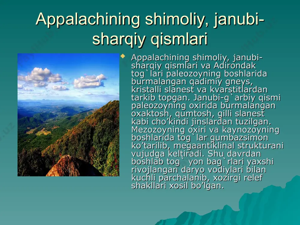azmun-mohiyat bitta - xorijiy davlat uchun hududini tajovuzkorlik bilan bosib olish, qo’shib olish yoki bo’lib tashlashni man etishdir. hududiy ustuvorlik davlat suverenitetining eng muhim xususiyatidir. u davlatning o’z hududidagi oliy, to’liq va yagona hukmronligini anglatadi. o’zbekiston respublikasi konstitutsiyasi 3-moddasining 2-qismida shunday deyilgan: «o’zbekistonning davlat chegarasi va hududi daxlsiz va bo’linmasdir». unknown-0.ppt xalqaro huquqda xalqaro huquqda hudud hudud tushunchasi tushunchasi bajardi: mamatov m bajardi: mamatov m hozirgi zamon xalqaro huquqi sub'yektlari appalachi tog`lari, grenlandiya, markaziy va buyuk tekisliklar appalachi tog`li tabiiy geografik o’lkasi shimoliy amerikaning sharqiy qismida aqsh va kanada xududida joylashgan. u o’rtacha balandlikdagi tog` tizimi bo’lib, morfostrukturasi tizmalardan, platolardan, yassi tog`liklardan, vodiylardan va tog`oldi tekisliklaridan tarkib topgan. appalachi tog` tizimi shimoli-sharqdan janubi-g`arbga qarab submeridional ravishda 2600 km masofaga cho’zilgan. eng baland cho’qqisi o’lkaning janubida joylashgan va okean satxidan 2037 m ko’tarilib turgan mitchell tog`idir. appalachining shimoliy, janubi-sharqiy qismlari appalachining shimoliy, janubi-sharqiy qismlari va adirondak tog`lari paleozoyning boshlarida burmalangan qadimiy …
