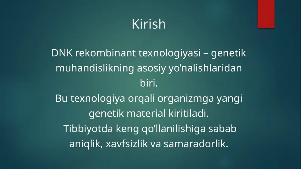 an bir organizm (donor) irsiy materialini boshqa organizm (retsipiyent)ga o'tkazish orqali bu genlarning irsiylanishi ta'minlanadi. ta'minlanadi. ‹#› turli organizmlarning genlarini sun'iy yo'l bilan birlashtirib, rekombinant dnk olish mumkin. gen muhandisligi yoki rekombinant dnkarxiv. texnologiyasida tajribalar yo'l bilan bir organizm (donor) irsiy materialini boshqa organizm (retsipiyent)ga o'tkazish orqali bu genlarning irsiylanishi ta'minlanadi. ta'minlanadi. ‹#› biotexnologik ob'ektlariga viruslar, bakteriyalar, zamburug'lar-mikromitsetlar va makromitsetlar, sodda organizmlar, o'simlik, hayvon, inson to'qima va hujayralari, shuningdek biogen va funktsional jihatdan ularga o'xshash bo'lgan moddalar kiradi. biotexnologik ob'ektlar hujayra va to'qimalar yoki ularning birlamchi, ikkilamchi metabolitlari bo'lishi xam mumkin. ma'lum biomolekulani biotexnologik ob'ekt sifatida ishlatilganda xam uning dastlabki biosintezi uchun omolekulaga to'g'ri aynan shu biomolekulaga to'g'ri keladigan hujayradan foydalaniladi. ‹#› molekulyar biologiya - hayotning asosiy xususiyatlari namoyon bo'lishini molekulyar darajada o'rganadigan fan. molekulyar biologiyaning muhim yo'nalishlariga irsiy axborotni amalga oshirish mexanizmlari va hujayraning genetik apparati strukturasi hamda funksional tuzilishini tekshirish (molekulyar genetika), viruslarning hujayra bilan o'zaro ta'siri mexanizmlarini …