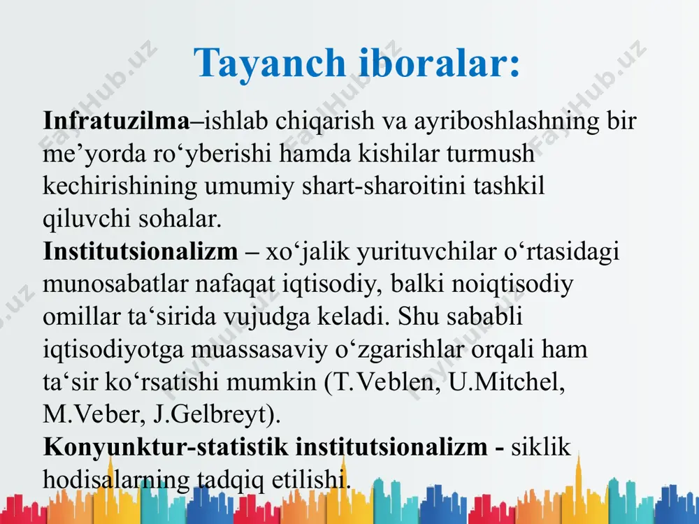 k. empirik yoki konyunktur-statistik oqimni ajratish mumkin ijtimoiy-huquqiy. t.veblen g‘oyalari insonlarning iqtisodiy rag‘bati avvalo, qarindoshlik his-tuyg‘usi, bilim va bajarilayotgan ishning yuqori sifatiga instinktiv intilishdir (a.smit - foyda ketidan quvish). bekorchi sinflar to‘g‘risida fikr yuritilib, ularga «biznes olami odatlari» to‘g‘risidagi o‘ziga xos xususiyatlar ko‘rsatiladi. ular uchun tovarlarga alohida baho belgilanadi va ular talab qonunlaridan boshqacha bo‘lishi mumkin, deyiladi. buni «veblen effekti» deb ataladi (bu fikrda jon bor, boy mamlakatlarda boylar uchun alohida do‘konlar mavjud). бош пудратчи ишчи комиссияга қуйидаги ҳужжатларни тақдим этиши лозим таъмирлаш-қуриш ишларини амалга оширишда қатнашувчи ташкилотларнинг, улар бажарган ишларининг турларини, ҳамда буларнинг бажарилишига масъул муҳандис-техник ходимларнинг фамилияларини кўрсатган ҳолда, рўйхатини; қабулга тақдим қилинаётган объектнинг мукаммал таъмирига оид лойиҳа ҳужжатлари мажмуаси, амалда бажарилган ишларнинг лойиҳа ҳужжатларига ёки уларга киритилган ўзгаришларга мослиги ҳақидаги таъмирлаш-қуриш ишларини бажариш учун масъул бўлган шахслар томонидан киритилган ёзувлар (ҳужжатлар)ни илова қилган ҳолда (кўрсатилган ҳужжатлар ижровий ҳужжатлари ҳисобланади); сертификатлар, техник паспортлар ёки таъмирлаш-қуриш ишларини бажаришда қўлланилган …