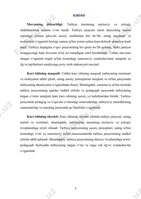 rakatlantiruvchi kuchi bo‘lib xizmat qiladi. ibn sino esa tarbiyani tibbiy va psixologik jihatdan o‘rganib, uning inson ruhiyatiga ta’sirini tahlil qilgan. navoiy esa o‘z asarlarida axloqiy tarbiyani inson kamoloti uchun eng muhim omillardan biri deb bilgan. g‘arb falsafasida esa tarbiya masalasiga turli davrlarda turlicha yondashilgan. aristotel tarbiyani insonning tabiiy imkoniyatlarini rivojlantirish vositasi deb bilgan bo‘lsa, kant uni axloqiy va aqliy yetuklik sari yo‘naltirilgan jarayon sifatida tushuntirgan. dyuarning pragmatizm falsafasi esa tarbiyaning amaliy ahamiyatini ta’kidlab, uni hayotiy tajriba orqali shakllantirish lozimligini ilgari surgan. tarbiya jarayoni falsafiy jihatdan inson tafakkurini rivojlantirish, ma’naviyatini yuksaltirish va uni ijtimoiy muhitga moslashishga tayyorlash bilan bog‘liq. bunda asosiy e’tibor insonning individualligini hurmat qilish va uning shaxsiy ehtiyojlarini hisobga olishga qaratiladi. har bir inson o‘ziga xos qobiliyat va iste’dodga ega bo‘lib, to‘g‘ri tarbiya orqali bu imkoniyatlarini namoyon qilishi mumkin. shu sababli tarbiya jarayonida insonning tabiiy xususiyatlari va qobiliyatlarini e’tiborga olish muhimdir. zamonaviy davrda tarbiya falsafasi yanada kengayib, unga yangi …