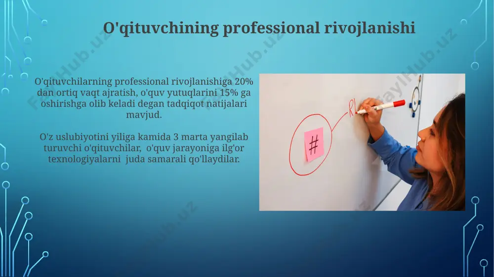 olish samaradorligini 25% ga oshirishi mumkin. flipped classroom modeli orqali uy vazifasi sifatida taqdim etilgan 5 ta video dars va sinfda amaliy mashg'ulotlar o'tkazish, o'quv jarayonini 30% ga tezlashtirib, mustaqil o'rganish ko'nikmalarini rivojlantiradi. e'tiboringiz uchun rahmat @taqdimot_robot image3.jpg image4.jpg image5.jpg image6.jpg image7.jpg image8.jpg image9.jpg image10.jpg image11.jpg image2.png