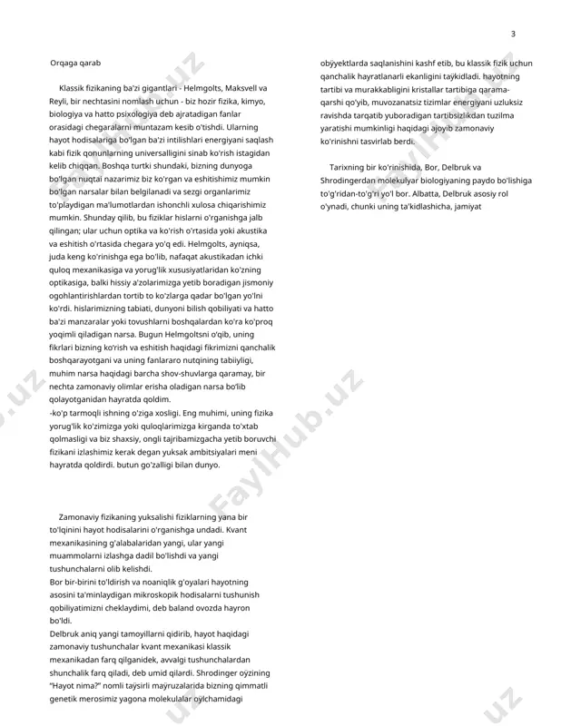 bo'lib qoladi. fiziklar uchun "biologiya" deb nomlangan korxonaning keng qamrovini va biologiyaning o'zida ulkan bo'linishlarni qadrlashi ayniqsa muhimdir. masalan, xamirturush kabi oddiy organizmdagi tartibga soluvchi tarmoqlarning dinamikasini o'rganuvchi genetik, yuqori organizmlarda harakatni tartibga solish uchun neyron tarmoqlarning dinamikasi haqida mutlaqo hech narsa bilmasligi mumkin va aksincha. biologiya nafaqat o'rganish ob'ektlari bilan belgilanadi, balki biologiyaning kichik sohalari ham xuddi shunday ta'riflangan, shuning uchun neyronlar tarmoqlari va genlar tarmoqlari har xil mavzulardir. bizning ilmiy korxonaga bo'lgan qarashimizdagi farqlar to'g'ridan- to'g'ri turli ta'lim tuzilmalariga o'tadi. fizikada biz printsiplarni o'rgatish (harakat qilamiz) va muayyan misollar uchun bashoratlarni ishlab chiqamiz. biologiyada o'qitish (asosan) misoldan misolga o'tadi. fizikaning kichik sohalari bo'lsa- da, fizika hamjamiyati fizika bitta fan degan romantik tushunchaga yopishib oladi. tabiat kitobi nafaqat matematika tilida yozilgan, balki faqat bitta kitob mavjud va agar biz uning mazmunini haqiqatan ham tushunib olsak, uni juda oz sahifalarda umumlashtirish mumkin deb umid qilamiz. biofizika dunyoning bu ko'rinishiga qayerda …