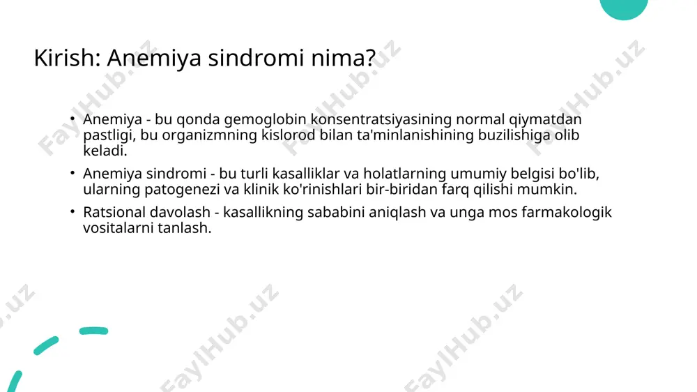 qabul qilish. laborator diagnostika: umumiy qon tahlili (o'qt) - asosiy ko'rsatkich. reticulotsitlar soni - suyak ko'migi faolligini baholash. temir metabolizmi ko'rsatkichlari. vitamin b12 va folat darajalari. periferik qon surtmasini mikroskopiya qilish. anemiyaning asosiy laboratoriya ko'rsatkichlari umumiy qon tahlili (o'qt): gemoglobin (hb), eritrotsitlar (rbc), gemotokrit (ht) - anemiya darajasini aniqlaydi. mcv (o'rtacha eritrotsit hajmi) - mikrosit, normosit, makrositni aniqlaydi. mch (o'rtacha eritrotsitdagi gemoglobin miqdori) va mchc (o'rtacha eritrotsitdagi gemoglobin konsentratsiyasi) - gipoxromiya yoki giperxromiyani ko'rsatadi. rdw (eritrotsitlarning hajmi bo'yicha notekisligi) - eritrotsitlarning shakli va o'lchamidagi o'zgarishlarni ko'rsatadi. temir profili: ferretin - organizmdagi umumiy temir zaxirasini ko'rsatadi. serumsiz temir - qondagi faol temir miqdori. tibc (umumiy temir biriktiruvchi oqsil sig'imi) yoki transferrin. transferrin toyinganligi (%) - temirning eritrotsitlarga o'tishini baholaydi. temir tanqisligi anemiyasi (tta) - etiologiyasi va diagnostikasi eng keng tarqalgan anemiya turi. asosiy sabablari: yetarli bo'lmagan ovqatlanish (temirning kam iste'moli). so'rilishining buzilishi (o'tkazilgan operatsiyalar, oshqozon-ichak kasalliklari). qon yo'qotish (hayz ko'rish, me'da-ichakdan …