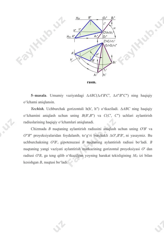 ylantirish radiusi tekislikning aylanish o‘qiga perpendikulyar bo‘ladi. to‘g‘ri burchakning proyeksiyalanish xususiyatiga ko‘ra, tekislikning pv izida olingan a(a′, a″) nuqtaning a′ proyeksiyasidan tekislikning pn iziga perpendikulyar o‘tkaziladi va o′ hamda o″ nuqtalarni topamiz. chizmada hosil bo‘lgan o′a′ va o″a″ aylantirish radiusining proyeksiyalari, o′a0 esa uning haqiqiy o‘lchami bo‘ladi. xuddi shuningdek p(ph, pv) tekislikni v tekislikka ham jipslashtirish mumkin (4.7–rasm). buning uchun berilgan p tekislikning ph gorizontal izida ixtiyoriy a nuqta tanlab, uning aylantirish radiusi px a′ aniqlanadi va tekislikning pn izini pv izi atrofida aylantirib, tekislikka jipslashtiriladi. chizmadan ko‘rinib turibdiki, p tekislikni pn izi atrofida aylantirilganda pxa′ kesma pxa″1 ga teng bo‘ladi. umumiy vaziyatda berilgan tekislikka tegishli geometrik shaklning haqiqiy o‘lchamini aniqlash uchun uning xarakterli nuqtalarini proyeksiyalar tekisligiga jipslashtirish yo‘li bilan aniqlanadi. masalan, q(qn, qv) tekislikka tegishli ∆abc(a′b′c′, a″b″c″) ning (4.8–rasm) haqiqiy o‘lchami uning a, b va c nuqtalarini v tekislikka jipslashtirish yo‘li bilan aniqlanadi. tekislikning jipslashgan holati berilgan bo‘lsa, uning …