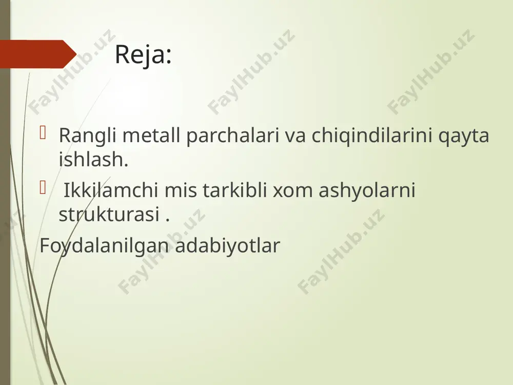 ri yuqori bo‘lgan (6,8 foizgacha) alyuminiyli deformatsiyalangan qotishmalari, ettinchi guruhga - magniy miqdori yuqori bo‘lgan (13 foizgacha) alyuminiyli quyma qotishmalar, sakkizinchi guruhga - ruh miqdori yuqori bo‘lgan (7,0 foizdan ko‘p bo‘lmagan) deformatsiyalangan qotishmalarning chiqindilari, to‘qqizinchi guruhga - rux miqdori yuqori bo‘lgan (12 foizgacha) alyuminiyli quyma qotishmalari, o‘ninchi guruhga - i-ix guruhlarning talablariga javob bermaydigan past sifatli temir-tersak va chiqindilar kiradi.. ikkilamchi mis tarkibli xom ashyolarni strukturasi ikkilamchi mis va uning qotishmasini ishlab chiqarishni asosiy xom ashyosi -amartizatsion temir-tersaklar, ishlab chiqarish chiqindilari va turli xilchiqindilaridir. amartizatsion temir-tersaklarga - har xil muddati o‘tgan, ishdanchiqqan buyumlar va detallar kiradi, hamda hamma ikkilamchi mis xomashyosini 46 foizini tashkil qiladi. ishlab chiqarish chiqindilariga - konvertor vapech shteynlari, elektroliz chiqindilari - quyma qotishmalar, misli, latunli, bronzaliyarim fabrikatlari kiradi. turli xil chiqindilarga misli shlaklar, misli va mis-grafitlichang, bimetall (qo‘shmetal) temir-tersak va chiqindilari kiradi.ikkilamchi mis xom ashyolari asosan polimetalik hisoblanadi. shuning uchunbularni qayta ishlashda hamma metallarni kompleks ajratib …