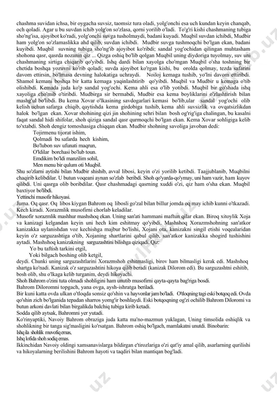 un qasr; beshinchi hikoya-chorshanba-nilufar qasr; oltinchi hikoya- payshanba - sandal tusli qasr; yettinchi hikoya-juma -oq qasr. yetti sayyor tilidan aytilgan navoiy hikoyalari tamomila yangi hikoyalar bo'lib, ular xalq og'zaki ijodi materiallari asosida yaratilgan. ular sevgi va vafo, do'stlik va sadoqat, himmat va saxovat, mardlik va qahramonlik, donishmandlik va ijodkorlik kabi masalalarga bag'ishlanadi. birinchi musofir hikoyasi. shanba. qora qasr. hijron dardi bilan qalbi zim-ziyo bo'lgan bahrom qora libosda. u qora libos kiygan hind go'zali bilan mushkin (mushkning rangi qoradir) may ichadi. biroq mushkin may ham uning qora qayg'usini tarqatolmaydi. qora libos kiygan hindistonlik musofir shahzoda farrux va saxiy axiyning kechmish qora kunlari haqida hikoya aytadi. hindistonda jasratxon degan odil bir podsho bo'lar ekan. uning o'g'li shahzoda farrux bir go'zalni tush ko'rib, oshig'u beqaror bo'libdi. yorni izlab avval quddusga, u yerdan halabga yo'l olibdi. biroq darak topa olmabdi, hamrohlarini qaytarib o'zi bir qora palos kiyib, vayrona go'shada tunab qoladigan bo'libdi. halabda axiy …