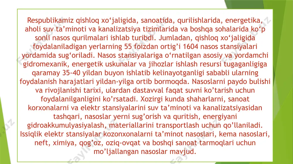 chakli aloqa rulmanlari tomonidan qabul qilinadi. rotorning so'nggi muhrlari - mexanik, yuz, gidravlik yuksiz. mexanik muhrning dizayni nasosni qopqoq va yotoq korpuslarini demontaj qilmasdan demontaj qilish va yig'ish imkonini beradi. mexanik qistirmalarning muhrlanishi kamonlarning harakati bilan ta'minlanadi, bu esa sobit va aylanadigan halqalar o'rtasida qattiq aloqa hosil qiladi. nasos mexanik muhr kamerasi orqali pervanel orqali suyuqlikni pompalash orqali oxirgi muhrlarni sovutish tizimi bilan ta'minlangan. suyuqlik nasos korpusidagi teshik orqali kirish joyidan olinadi va pervanel tomon kirishga chiqariladi. pervanel vtulkalari turli xil vintli iplarga ega: chapda - dvigatel tomonida va o'ngda - surish podshipnikida. nasosning kesimi va xarakteristikalari ko'rsatilgan. foydalanilgan adabiyotlar muxammadiev m. m. , uralov b. r. , mamajonov. , majidov n. sh. , nizamov o. h. , badalov a. s. , kan e. k. gidromashinalar. o‟quv qo‟llanma, - t. , timi, 2011 y. m. mamajonov, b. uralov, a. hakimov, t. majidov, e. kan. nasoslar va nasos stansiyalari. o‟quv qo‟llanma, …