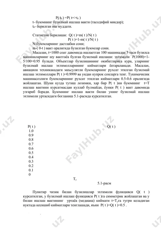 ум булса пухталикнинг бошка сонли характеристикаларини аниклаб улмайди; эксплуатация гаврининг таркибий кисимлари уртасидаги богланишни характерлаш имкониятини бермайди. бузулишлар ора ишлаш муддати, жадаллиги ва окимининг параметрларини хисоблари бузилгунича ишлаш муддати ту - буюмнинг биринчи бузилишигача ишлаш муддатининг уртача киймати (математик кутилиши), куйидаги формула ердамида хисобланади бу ерда n – кузатилаетган буюмларнинг сони : ti – биринчи бузилишгача ишилаш вакти (i –чи буюм учун). агар ишлаш муддатининг таксимот конуни маълум булса ту куйидаги формула оркали топилади бузилгинича ишлаш муддати таъмирланмайдиган (тикланмайдиган) буюмларни пухталигини бахолашда кулланади. бузилишлар ора ишлаш муддати т0 – тикланадиган буюмнинг ишлаш муддатини шу муддата содир булган бузилишларни уртача сонига (математик кутилишига) булган нисбати. т0нинг статистик киимати куидаги формула ердамида хисобланади. бу ерда m – буюмнинг t вакти давомидаги бузилишлар сони, ti – буюмни (i-1)чи билан i-чи бузилишлар орасидаги ишлаш вакти; одатда бузилишлар ора ишлаш муддати т0 буюмнинг хизмат муддатининг белгиланган оралигида курилади. белгиланган оралигини танланиши изланиш максадига боглик. масалан, …