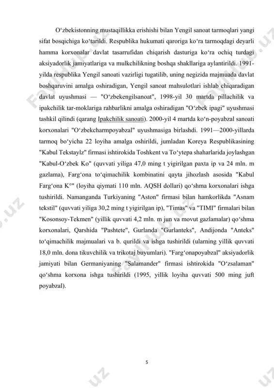 bzal sanoati korxonalari "oʻzbekcharmpoyabzal" uyushmasiga birlashdi. 1991—2000-yillarda tarmoq boʻyicha 22 loyiha amalga oshirildi, jumladan koreya respublikasining "kabul tekstaylz" firmasi ishtirokida toshkent va toʻytepa shaharlarida joylashgan "kabul-oʻzbek ko" (quvvati yiliga 47,0 ming t yigirilgan paxta ip va 24 mln. m gazlama), fargʻona toʻqimachilik kombinatini qayta jihozlash asosida "kabul fargʻona k°" (loyiha qiymati 110 mln. aqsh dollari) qoʻshma korxonalari ishga tushirildi. namanganda turkiyaning "aston" firmasi bilan hamkorlikda "asnam tekstil" (quvvati yiliga 30,2 ming t yigirilgan ip), "timas" va "timi" firmalari bilan "kosonsoy-tekmen" (yillik quvvati 4,2 mln. m jun va movut gazlamalar) qoʻshma korxonalari, qarshida "pashtete", gurlanda "gurlanteks", andijonda "anteks" toʻqimachilik majmualari va b. qurildi va ishga tushirildi (ularning yillik quvvati 18,0 mln. dona tikuvchilik va trikotaj buyumlari). "fargʻonapoyabzal" aksiyadorlik jamiyati bilan germaniyaning "salamander" firmasi ishtirokida "oʻzsalaman" qoʻshma korxona ishga tushirildi (1995, yillik loyiha quvvati 500 ming juft poyabzal). 1.1.1 – rasm. o`zbekistonning yengil sanoat punktlari. [footnoteref:3]hozirgi davrda oʻzbekiston yengil sanoati koʻp tarmoqli …