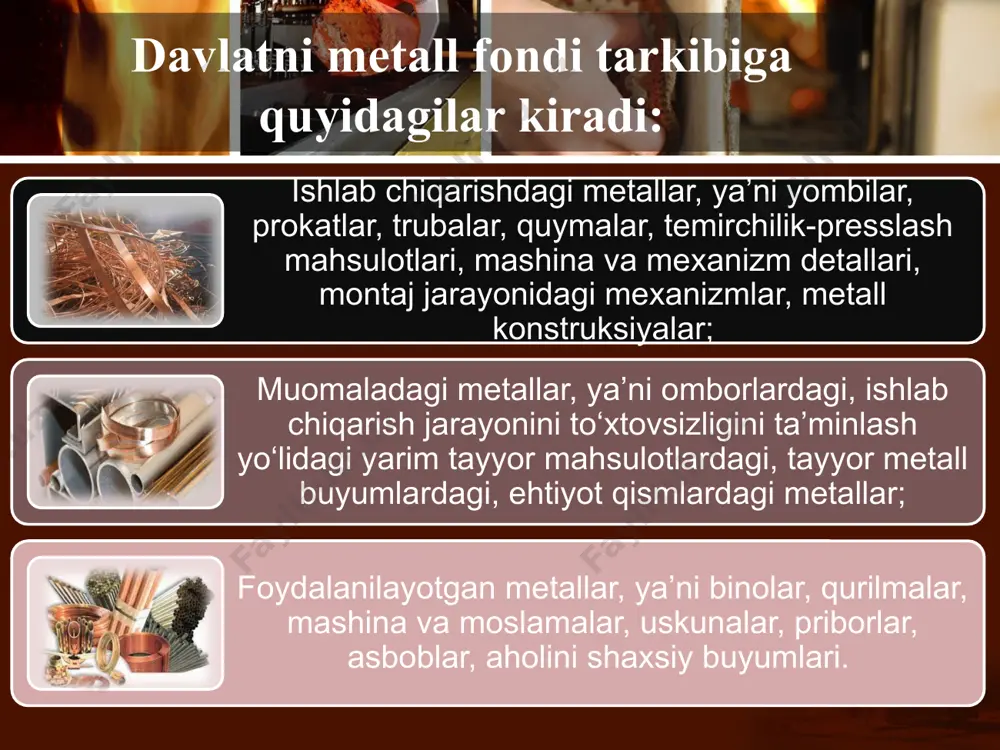 ishlab chiqarish jarayonidagi texnik sabablar va metall buyumlarni fizik emirilishida yuz beradi. buning natijasida metall xalq xo‘jaligida o‘z qiymatini yo‘qotadi. metallni aylanma harakati davrida metallni bir qismi ishqalanish, korroziya, mayda bo‘laklarga ajratilish natijasida yo‘qoladi. metallarni ishqalanish natijasida yo‘qolishi metallarni ishqalanish natijasida yo‘qolishi bir qancha aniqlanishi qiyin sabablarga bog‘liq. ishqalanish natijasida yo‘qolish sharlarni, tegirmonlar yuzasini, relslar, tormoz kolotkalarini, ekskavatorlar cho‘michlarini, plug tishlarini, traktor zanjirlarini va turli xil asbob uskunalarni emirilishidan, uqalanishidan, maydalanishidan, ishqalanishdan yuz beradi. korroziya natijasida metallni yo‘qolishi har doim to‘xtovsiz yuz beradi. metall buyumlarni atrof-muhitni kimyoviy va elektrokimyoviy ta’sirlari natijasida emirilish jarayoni korroziya deyiladi. korroziya suv va havoda metall konstruksiyalarini zang bosishini, agressiv muhitda quvurlar (truboprovod) ni buzilishini, boshoqli panjaralarni qizdirganda teshilishini, ichki yonuv dvigatellarini buzilishini, metallarni qizdirganda to‘pon (okalina) lar paydo bo‘lishini vujudga keltiradi. korroziya metallarni qaytmasdan yo‘qolishi korroziya metallarni qaytmasdan yo‘qolishini vujudga keltirishdan tashqari, ko‘p metall konstruksiyalarini, mashinalarni, asbob-uskunalarni safdan chiqaradi. mutaxassislarni ma’lumotlariga ko‘ra, korroziya natijasida umumiy …