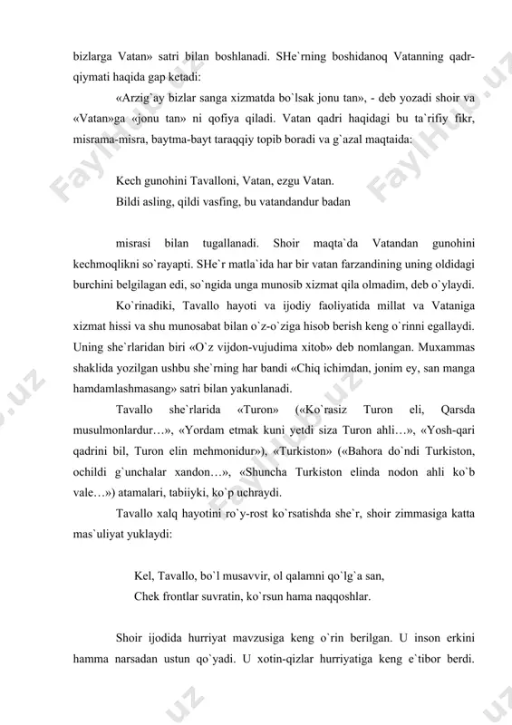 iga murojaat qilishib, ularni ham o`qitishni, ularga ham insoniy munosabatda bo`lishni so`raydilar, hatto teng nikoh haqida so`z ochadilar. shoirning bir qator she`rlari davr yangiliklari voqealari haqida. chunonchi, «oyna» jurnali, «sadoyi turkiston» gazetasining chiqishlari, ismoilbek gasprinskiyning vafoti, birinchi jahon urushi va u bilan bog`liq voqealar tavalloning diqqatidan chetda qolgan emas. o`zbek teatri va uning faoliyati haqida 4 ta she`r yozgan. shulardan biri behbudiyning «padarkush» dramasining ilk sahnasi haqida. tavalloning «ravnaqul islom» to`plamidagi she`rlari ana shunday keng qamrovli. she`rlar aruzda yozilgan bo`lsa-da, ruh va mazmunda barmoq vazniga hamohang. shoir barmoqqa 20-yillarda hajviyalarida murojaat qildi va bu davr o`zbek hajviy she`riyatining puxta namunalarini yaratdi. to`lagan xo`jamyorov tavallo 1919 yilda osipov qo`zg`oloniga qatnashganligi bilan ayblanib hibsga olindi va bir qator nohaq ayblar bilan otib o`ldirishga hukm qilindi. 1937 yil 10 noyabrida hukm ijro etildi. 1968 yil 18 oktabrda oqlandi. shoir tavalloning hayoti ana shunday ayanchli tugadi, biroq uning millatni erk va adolatga uyg`otgan jo`shqin, …