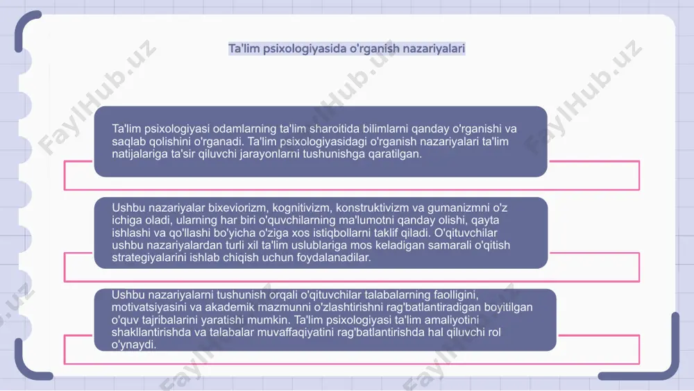 guruh loyihalarini va amaliy mashg'ulotlarni o'z ichiga olishi mumkin. ushbu strategiyalarni o'z ichiga olgan holda, o'qituvchilar talabalar uchun dinamik va interaktiv ta'lim muhitini yaratishi mumkin. bundan tashqari, ta'lim psixologiyasi bo'yicha o'qitish strategiyalari individual talabalarning o'ziga xos ehtiyojlari va o'rganish uslublarini qondirish uchun moslashtirilishi kerak. ushbu shaxsiylashtirilgan yondashuv talabalarning ta'lim natijalarini maksimal darajada oshirishga va ijobiy ta'lim tajribasini rivojlantirishga yordam beradi. pedagogik psixologiya va maxsus ta'lim ta'lim psixologiyasi - bu psixologiyaning bo'limi bo'lib, u odamlarning qanday o'rganishi va ularni o'rgatishning eng yaxshi usullariga qaratilgan. u ta'lim sohasiga psixologik nazariyalar va tadqiqotlarni qo'llaydi. ta'lim psixologiyasi va maxsus ta'lim bir-biriga mos keladi, chunki ular har xil ta'lim ehtiyojlari bo'lgan talabalar uchun o'qitish usullari va ta'lim natijalarini yaxshilashga qaratilgan. bu individual farqlarni tushunish va moslashtirilgan echimlarni topishni o'z ichiga oladi. ikkala sohadagi printsiplarni birlashtirgan holda, o'qituvchilar barcha talabalarning, shu jumladan nogiron yoki o'rganishda qiyinchiliklarga duch keladigan talabalarning ehtiyojlarini qondiradigan inklyuziv va samarali ta'lim muhitini …