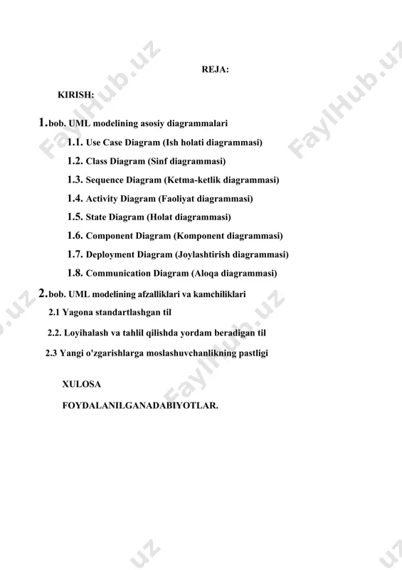 va har bir modulning o'zaro aloqalarini aniq ko'rsatishga yordam beradi. bu loyiha jamoalariga tizimni to'liq tushunishga va aniq loyihalashga imkon yaratadi. agile va boshqa zamonaviy metodologiyalar bilan uyg'unlik: uml bugungi kunda agile (qisqa sikllar bilan ishlash) va devops kabi zamonaviy dasturiy ta'minot ishlab chiqish metodologiyalari bilan yaxshi integratsiya qilinadi. uml diagrammalarini tez va samarali ravishda yaratish mumkin, va ular tizimning rivojlanish jarayonida o'zgartirilishi mumkin. bu esa tezkor va moslashuvchan rivojlanish jarayonlarini qo'llab-quvvatlaydi. ishning maqsadi: uml modeli tilida axborot tizimlarini loyihalash texnologiyalari haqida asosiy tushuncha berish, hozirgi kunda bu model qanaqa qo’llaniliyapti. tizimning strukturasini, funksiyalarini va jarayonlarini to‘liq tasvirlash. tizimni ishlab chiqishda turli soha mutaxassislari (dasturchilar, arxitektorlar, analitiklar) o‘rtasida samarali kommunikatsiyani ta'minlash. tizimning rivojlanish jarayonini boshqarish va qiyinchiliklarni oldindan aniqlash. uml modellari yordamida axborot tizimlarining barcha jihatlarini o‘rganish va loyihalash jarayonini optimallashtirish mumkin. uml diagrammalarini to‘g‘ri va aniq ishlatish tizimni ishlab chiqishda sifatni oshiradi va xatoliklarni kamaytiradi. uml (unified modeling language) …