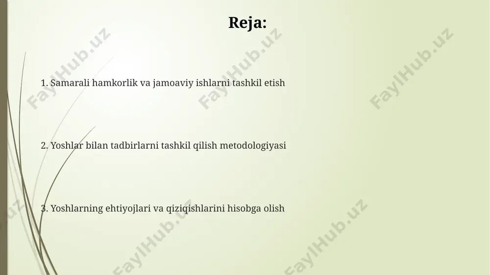 jihatlaridan mamnun bo'lishgan. maqsadli auditoriyani tahlil qilish maqsadli auditoriya hajmini aniqlash (taxminan 500 nafar yoshlar) va ularning ijtimoiy tarmoqlardagi faolligi (instagramda 80% ga yaqin) orqali ularga tadbir haqida samarali ma'lumot yetkazish mumkin. samarqanddagi yoshlar orasida o'tkazilgan so'rov natijalari shuni ko'rsatdiki, 65% yoshlar ochiq havoda o'tkaziladigan tadbirlarni, qolganlari esa yopiq joydagilarni afzal ko'rishadi. maqsadli auditoriyaning yoshi (masalan, 10-15 yosh), shahar (masalan, toshkent) va qiziqishlari (masalan, 70% sport, 30% san'at) bo'yicha tahlili tadbirning samaradorligini oshirishda muhim ahamiyatga ega. yoshlar bilan tadbirlarni tashkil qilish metodologiyasi tadbir joyini tanlashda, xavfsizlikni ta'minlash uchun kamida 2 ta xavfsizlik xodimini taklif qilish va toshkentdagi 50 kishilik zalni ijaraga olish kerak. yoshlar bilan tadbirlarni rejalashtirishda, 15-25 yosh oralig'idagi yoshlarning qiziqishlarini aniqlash uchun samarqanddagi 3 ta turli maktabdan so'rovnomalar o'tkazish samarali. byudjetni rejalashtirishda, 1000 aqsh dollaridan kamida 20% ni kutilmagan xarajatlarga ajratish va har bir ishtirokchiga 5 dollardan sovg'alar sotib olish kerak. joy tanlash va logistika тадбир учун зарур …