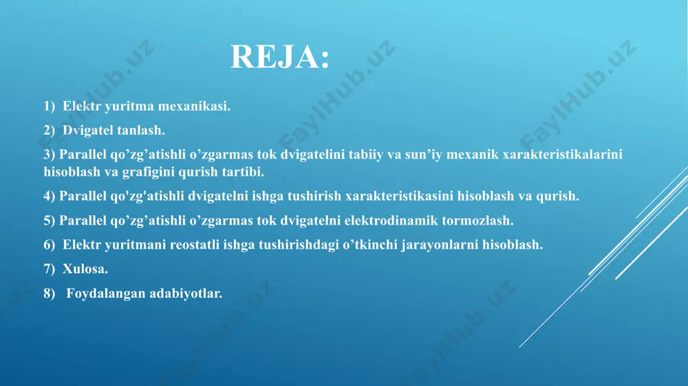 soblanadi va o’tkinchi jarayon grafiklarining natijalari quyidagicha: t, sek 0.083 0.167 0.335 0.67 m, n*m 104,2 114 130,1 154,01 w, rad/sek 28,07 34,7 41 49,9 elektr yuritmani reostatli ishga tushirishdagi o’tkinchi jarayon grafiklari. xulosa kurs loyihasida men parallel qo’zg’atishli elektrodvigatelni ishga tushirish, reverslash va tormozlashni avtomatik boshqarish masalalarini ishlab chiqdim, avtomatik boshqarish sxemalarni tuzishni o’rgandim, elektr yuritmalarni boshqarish sxema elementlarini grafik tasvirlanishini va printsipial sxemalarini o’qishni o’rgandim. kurs loyihasini bajarishda men elektr yuritmani tezligini rostlash masalalarini yechdim, boshqarish sxemalarni grafik bajarish, dvigatelni mexanik xarakteristikalarini hisoblash va qurish ko’nikmalariga ega bo’ldim foydalanilgan adabiyotlar ключев в. и «теория электропривода» м. энергоатомиздат. 2000. 440с. москаленко в. в «электрический привод» учебное пособие, академия 2004г. 238с. москаленко в. в «системы автоматизированного управления электропривода» учебник. инфра м. 2004г. бекетов в.ф. «основы электропривода» учебное пособие по курсовому проектированию. м.2002г. image1.png image2.png image3.png image4.png image5.png image6.png image7.png /docprops/thumbnail.jpeg