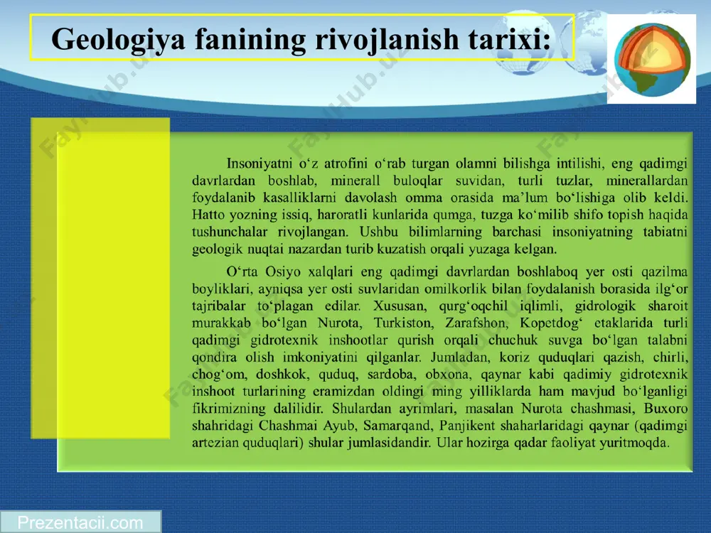 ilk bora olg‘a surgan edi. vaholanki qit’alarnng ajralishi va qaytadan bir biriga yaqinlashishi haqidagi (keyinchlik vegener nazariyasi) ilmiy g‘oyalar beruniy fikrlaridan 750 yil keyingina fanda qaytadan shakllantirildi. * qarang. a.nizomov beruniyning gidrologik merosi t. “fan va texnologiya" 2017. zamonamizda abu ali ibn sino (980-1037 yy.) fanda meditsinaga oid qarashlari orqali ma’lum va mashhur bo‘lgan olim. shunga qaramasdan uning geologiya fanining rivojlanishi uchun ham qo‘shgan hissasi katta. uning 300 dan ortiq asarlari fanga ma’lum bo‘lib, aksariyati “tib qonunlari”, “kitob ash-shifo” “beruniy bilan ibn sinoning savol-javoblari” kabi bir necha tomdan iborat kitoblariga jamlangan. jumladan ibn sinoning geologik qarashlari ham o‘sha kitoblarning ayrim qismlarida astronomiya, fizika, adabiyot, falsafa, biologiya, geografiya kabi geologik qarashlar bilan ham boyitilgan. jumladan tog‘ jinslarining qatlamlari, hosil bo‘lishi, burmalanishi, vodiylarda to‘rtlamchi davr yotqiziqlarining suv, shamol ta’sirida to‘planishi, suv, shamol eroziyasi tufayli hosil bo‘lgan relef ko‘rinishlari abu ali ibn sino nazaridan chetda qolmagan. olimning ilg‘or geologik qarashlari ayniqsa turli minerallar, …