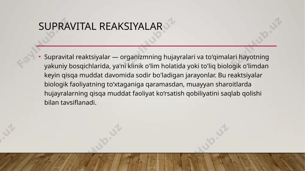 lishi. shunday reaktsiyalar organizm o‘limidan so‘ng bir necha soat davomida kuzatilishi mumkin . kimyoviy reaktsiyalar kimyoviy reaktsiyalar organizmdagi moddalarning kimyoviy xususiyatlariga asoslanadi. masalan, fermentativ jarayonlar o‘limdan keyin ham ma’lum vaqt davomida faol bo‘lishi mumkin. bunga glikoliz jarayonlarining davom etishi misol bo‘la oladi. supravital reaktsiyalar turlari fiziologik reaktsiyalar bu to‘qimalar va organlarning muayyan sharoitlarda fiziologik jarayonlarini qisqa muddat davom ettirishi bilan bog‘liq. masalan, o‘limdan keyingi terining oz miqdorda tirishishi yoki yurakning to‘xtaganidan keyin qisqa muddatga yana urib qolishi . biokimyoviy reaktsiyalar hujayralar va to‘qimalardagi biokimyoviy jarayonlar o‘limdan keyin ham ma’lum vaqt davomida faol bo‘lishi mumkin. bunga misol sifatida energetik molekulalarning parchalanishi va yaroqli energiya manbalarining mavjudligi keltirilishi mumkin. supravital reaksiyalarning turlari mushaklarning supravital reaksiyalari:elektrostimulyatsiya natijasida sodir bo'ladigan mushak qisqarishlari. teri reaktsiyalari: kutikulani chimchilash yoki bosish orqali teri reaktsiyalarining kuzatilishi. ko'z qorachig‘ining reaksiyalari: atropin yoki pilokarpin singari dorilar bilan kontaktga kirganda qorachiqning kengayishi yoki torayishi. visual: har bir tur uchun vizual tasvirlar, …
