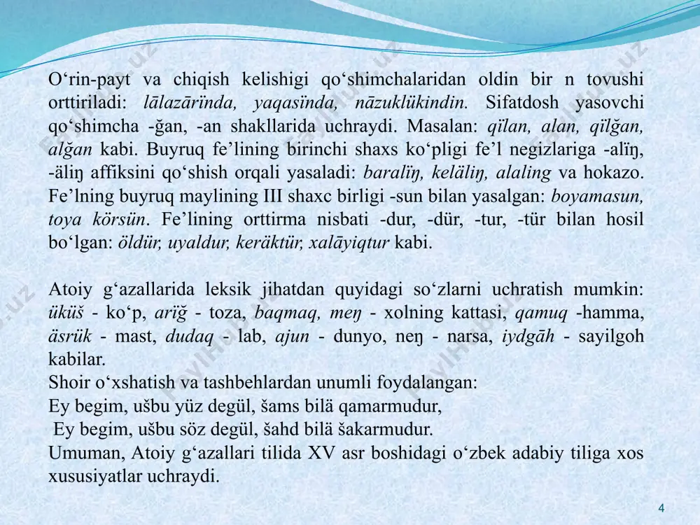 aridan ustalik bilan foydalanib, original tasviriy vositalar yaratishga intiladi. u tazod, tanosib, jonlantirish, laf va nashr kabi usullardan foydalanadi, o‘xshatish, mubolag‘a, majoz va boshqa turdagi tasviriy vositalarga murojaat qiladi. natijada xalq og‘zaki ijodiga xos bo‘lgan xalq, qo‘shiqlari uslubida g‘azallar yaratdi. jumladan, shoirning ma’shuqaning turli sifatlariga doir išq šāhiniŋ elčisi, kaffār köz, qan töküvči ǧamza, bulbul begi singari o‘ziga xos o‘xshatishlari mavjud. 8 sakkokiy xalq maqollari bilan o‘z g‘azallarining mazmunini ham, tilini ham boyitdi. sakkokiy siyosiy lirikaning adabiy janri bo‘lgan qasida yozish sohasida ham qalam tebratdi. ma’lumki, qasida davlat arboblariga, siyosiy va harbiy voqealarga bag‘ishlab yoziladi. ulug‘bekka atab yozgan qasidalarida shoir uning ilmiy va siyosiy faoliyatini maqtaydi. ulug‘bekni «sulaymoni zamon», «no‘shiravon», «shubon», «atodin mehribon», «xurshidi zamon» kabi sifatlar bilan ulug‘laydi. qasidaga xos bunday uslubni sakkokiydan keyingi shoirlar ham davom ettirdilar. sakkokiy asarlarida uza, ustida, uchun, birla, yanglig‘, aro kabi ko‘makchilar qayd etilgan. o‘ziga xos tomoni shundaki, shoir asarlarida qadimgi va eski …