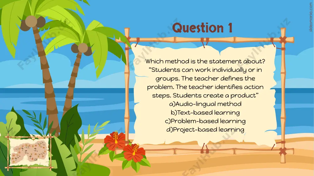 which is the main task (to create an original comic strip) a)text-based b)problem-based c)grammar translation method d)task-based d)task-based question 17 when should a teacher correct errors in task-based language teaching? a)students should correct each other’s errors b)never c)on the spot d)at the end of the lesson d)at the end of the lesson question 18 which is not a technique for task-based language teaching? a)participating in a group debate or discussion, like arguing for a favorite competitor in a tv show b)gap-filling c)creating an original game that includes writing down the game rules, playing the game, and evaluating the game d)making a video or short movie b)gap-filling free themes and templates for google slides or powerpoint not to be sold as is or modified! read faq on slidesmania.com do not remove the slidesmania.com text on the sides. sharing is caring! image7.jpg image8.jpg image9.jpg image10.jpg image1.png image5.png image6.png image2.png image3.png image4.png