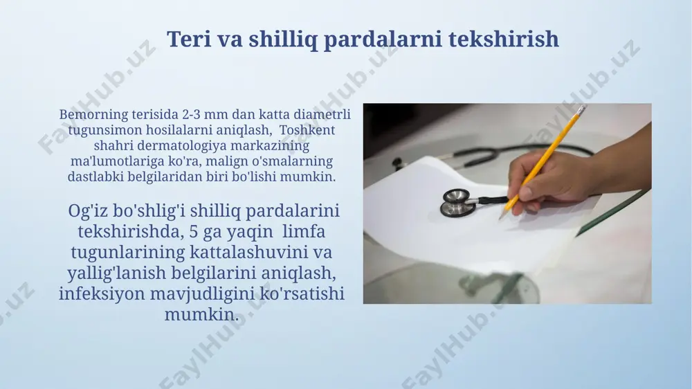 mumkin. bemorning shikoyatlarini va anamnezini batafsil o'rganish, shuningdek, ko'krak qafasi rentgenogrammasi va qon tahlilining natijalari nafas olish tizimining holatini aniqlashga yordam beradi. tashqi ko'rinishni baholash bemorning umumiy holatini baholashda, uning harakatlanish qobiliyatini, ong darajasini va og'riq belgisini kuzatish, 10 ball shkalasi bo'yicha og'riq darajasini aniqlash andijon viloyatidagi amaliyotda keng qo'llaniladi. bemorning terisi rangini, namligini va haroratini baholash, shuningdek, shish, qo'l va oyoqlardagi siyanoz kabi belgilarni aniqlash toshkent shahridagi tajribamizga ko'ra diagnostika uchun muhim ahamiyatga ega. ob'ektiv tekshiruvning boshlanishi bemorning tanasi haroratini termometr yordamida o'lchash, pulsini va nafas olish tezligini aniqlash – toshkentdagi har qanday klinikada boshlang'ich tekshiruvning muhim bosqichlaridan hisoblanadi. ob'ektiv tekshiruv bemorning umumiy holatini baholashdan, 1-2 metr masofadan uning yuz ifodasini, tana holatini va nafas olishini kuzatishdan boshlanadi, bu esa taxminiy tashxis qo'yishga yordam beradi. hujjatlashtirish va yozuvlar беморнинг ташхисини аниқлаш ва даволаш жараёнидаги барча кузатувларни, шу жумладан, 1-сонли лаборатория таҳлиллари натижаларини, ҳар куни электрон шаклда ҳужжатлаштириш зарур, бунга …
