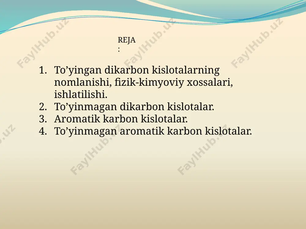 menklaturasi. dikarbon kislotalarning dastlabki vakillari tarixiy nomlar bilan ataladi. ratsional nomenklaturaga ko‘ra ikki asosli kislotalar ikkita karboksil gruppa bilan birikkan uglevodorodlar hosilasi deb qaraladi. sistematik nomenklaturaga ko‘ra dikarbon kislotalarning nomi tegishli uglevodorodlar nomiga dikislota so‘zini qo‘shish bilan hosil qilinadi: fizik xossalari. dikarbon kislotalar rangsiz kristall modda bo‘lib, suvda yaxshi eriydi, organik erituvchilarda esa yomon eriydi. juft sonli uglerod atomiga ega bo‘lgan ikki asosli kislotalar o‘zining toq sonli uglerod atomiga ega bo‘lgan qo‘shni gomologidan yuqori temperaturada suyuqlanadi. kimyoviy xossalari. ikki asosli karbon kislotalar bir asosli karbon kislotalarga xos barcha kimyoviy reaksiyalarga kirishadi. ammo ularning kislota xossalari bir asosli kislotalarnikiga qaraganda kuchliroqdir. ikki asosli karbon kislotalar bir asosli karbon kislotalar kabi tuzlar, amidlar, xlorangidridlar va murakkab efirlar hosil qiladi ikki asosli kislotalarning o‘ziga xos reaksiyalari 1. oksalat va malon kislotalar qizdirilganda karbonat angidrid ajralib (dekarboksizlanish) chiqib, chumoli va sirka kislota hosil bo‘ladi. 2. molekulasida to‘rtta va beshta uglerod atomi bo‘lgan ikki asosli …