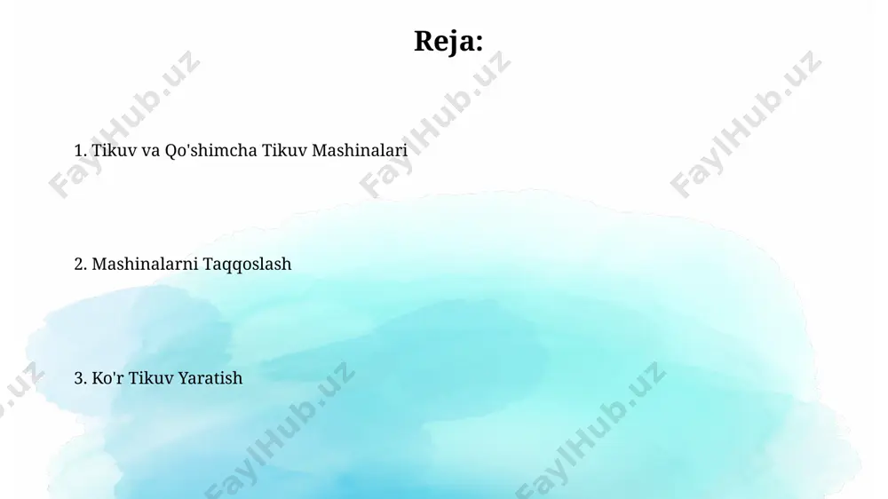 onal tikuvchilar orasida katta talabga ega. mashinalarning texnik xususiyatlari кўр тикув ясаш учун мўлжалланган машиналарда ипнинг кучланишини 1-10 даражада созлаш имконияти мавжуд бўлиб, бу мато турига мослаштиришга ёрдам беради ва ақшда ишлаб чиқарилган машиналарда рақамли дисплейлар кўп учрайди. қоплама тикув машиналарида 2-7 та игна бўлиши мумкин ва улар 300-800 так/дақиқа тезликда тикиш имкониятини беради, японияда ишлаб чиқарилганлар эса юқори сифатли ипга мослаштирилган. tikuv turlari va ularning qo'llanilishi sanoat miqyosida, xususan, toshkentdagi katta kiyim-kechak fabrikalarida, yuqori tezlikdagi tikuv mashinalari yordamida kuniga 5000 dan ortiq tikuv amalga oshirilishi mumkin. qo'lda tikish usullari, masalan, 20-asr boshlarida o'zbekistonning qishloq joylarida keng tarqalgan "cho'ppi tikish", 3-4 mm uzunlikdagi cho'p bilan amalga oshirilar edi va bugungi kunda ham ba'zi hunarmandlar tomonidan ishlatiladi. mashinalarning asosiy xususiyatlari qo'shimcha funksiyalar, masalan, 5 mm gacha bo'lgan tikuv uzunligini sozlash, ko'plab yuqori sifatli coverstitch mashinalarida, jumladan, germaniyada ishlab chiqarilganlarida ham mavjud bo'lib, bu esa turli xil materiallar bilan ishlashga imkon beradi. …