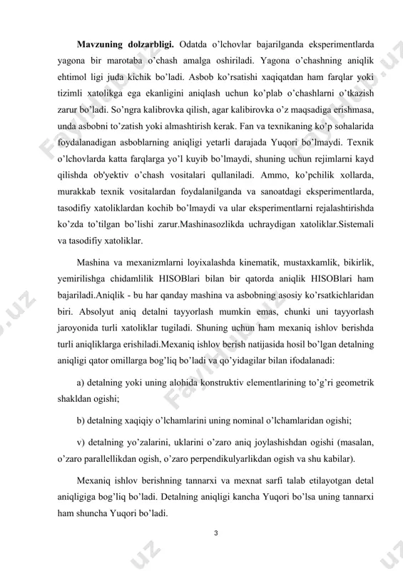 si bilan tutashuvi detallar o’lchamlari uchun va nixoyat it 13 dan it 17 gacha esa past aniqlikdagi o’lchamlar uchun. yalpi va ko’p seriyali ishlab-chiqarish sharoitida detallarning aniqligi asosan dastgohlarni kerakli o’lchamga sozlash natijasida erishiladi. kichik seriyali va donali ishlab-chiqarish sharoitida esa kushimcha yaqinlovchi operatsiyalar kullash hamda yuqori malakali ishchi kuchidan foydalanish hisobiga taominlanadi. ishlab-chiqarish sharoitida detalning aniqligi qator omillarga bog’liq bo’lganligi uchun ularni olib bo’lishi mumkin bo’lgan aniqlik bo’yicha emas, balki iktisodiy aniqlik bo’yicha tayyorlanadi. iktisodiy aniqlik deganda mexaniq ishlov berishni minimal tannarxi bo’yicha normal ishlab-chiqarish sharoitida, texnologik soz dastgoh va kesuvchi asboblar hamda moslamalardan foydalanib, normal vaqt sarfi asosida , ish turiga karab normal malakali ishchi kuchidan foydalanib olinadigan detal aniqligi tushuniladi. olib bo’lishi mumkin bo’lgan aniqlik deganda alohida yaratilgan ishlab- chiqarish sharoitida, yuqori malakali ishchi kuchidan foydalanib, vaqt sarfini hisobga olmay, mexaniq ishlov berish tannarxini ortib ketishiga karamay olinadigan detal aniqligi tushuniladi. kurs ishining maqsadi. karra o’lchamli detallar …