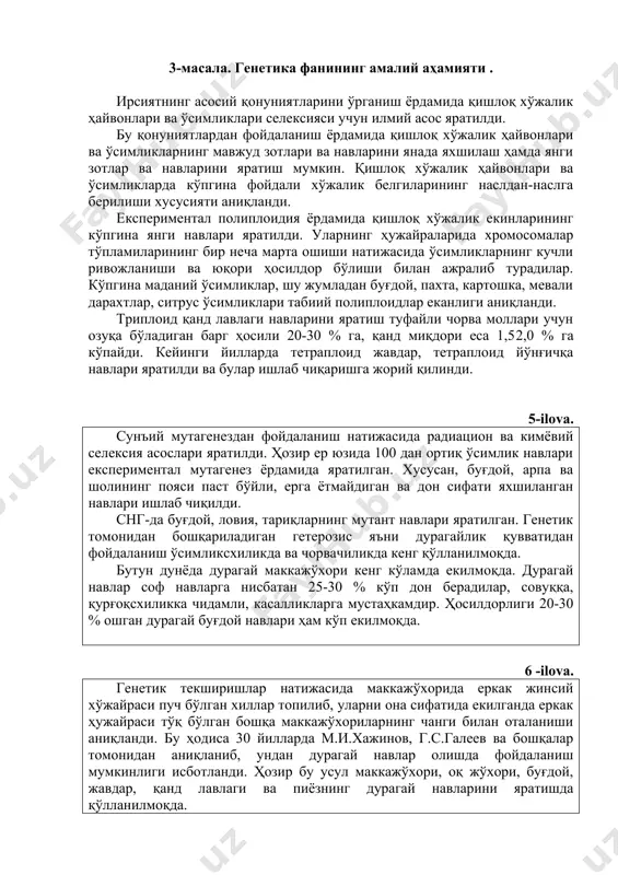 жумладан буғдой, пахта, картошка, мевали дарахтлар, ситрус ўсимликлари табиий полиплоидлар еканлиги аниқланди. триплоид қанд лавлаги навларини яратиш туфайли чорва моллари учун озуқа бўладиган барг ҳосили 20-30 % га, қанд миқдори еса 1,5­2,0 % га кўпайди. кейинги йилларда тетраплоид жавдар, тетраплоид йўнғичқа навлари яратилди ва булар ишлаб чиқаришга жорий қилинди. 5-ilova. сунъий мутагенездан фойдаланиш натижасида радиацион ва кимёвий селексия асослари яратилди. ҳозир ер юзида 100 дан ортиқ ўсимлик навлари експериментал мутагенез ёрдамида яратилган. хусусан, буғдой, арпа ва шолининг пояси паст бўйли, ерга ётмайдиган ва дон сифати яхшиланган навлари ишлаб чиқилди. снг-да буғдой, ловия, тариқларнинг мутант навлари яратилган. генетик томонидан бошқариладиган гетерозис яъни дурагайлик қувватидан фойдаланиш ўсимликcхиликда ва чорвачиликда кенг қўлланилмоқда. бутун дунёда дурагай маккажўхори кенг кўламда екилмоқда. дурагай навлар соф навларга нисбатан 25-30 % кўп дон берадилар, совуққа, қурғоқcхиликка чидамли, касалликларга мустаҳкамдир. ҳосилдорлиги 20-30 % ошган дурагай буғдой навлари ҳам кўп екилмоқда. 6 -ilova. генетик текширишлар натижасида маккажўхорида еркак жинсий хўжайраси …