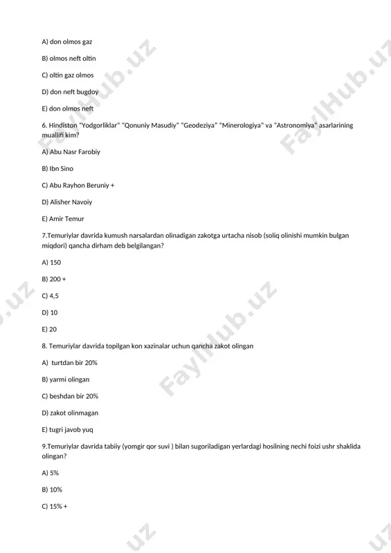 akot olinmagan c) urmon , yaylov , chakalakzorlar + d) suniy sugoriladigan yerlardan e) tugri javob yuq 11. j.m.keyns nechinchi yilda “ishsizlik muammolari” buyicha iqtisodiy kengash raisi etib tayinlangan? a) 1940 b)1936 c)1929+ d)1944 e) 1941 12.o’sha davrda j.m. keyns odamlar o’zida naqd pul bo’linishi xoxlashi tushunchasini nima deb atagan? a) a.marshall + b)evsey domar c)robert xarrod d)e.xansen e) to’g’ri javob yo’q 13.j.m.keyns kembrij universitetida uqib kimning qulida talim olgan? a)a.marshall + b)evsey domar c)roberd xarrod d)e.xanson e) tugri javob yuq 14.j.m.kensning “ish bilan bandlik foiz va pulning umumiy nazariyasi” nomli asosiy asari qaysi yili chop etilgan? a)1921-yil b)1926-yil c)1930-yil d)1939-yil e)1939-yil+ 15.j.m.keyns qaysi yilda angliya bank direktorlaridan biri etib tayinlandi? a)1926-yil b)1933-yil c)1939-yil d)1942-yil+ e)1944-yil 16.k.marksning iqtisodiy konsepsielari asosiy uning qaysi mashhur asarida berilgan? a)”muqaddas oila” asari b)”kapital”asari+ c)”falsafa qashshoqligi” asari d)”kommunistlar” asari e)”reyn” asari 17.eng qadimiy dinlardan biri zardushtiylik dining muqaddas kitobi qaysi asar hisoblanadi? a)” artxashastra “asari …