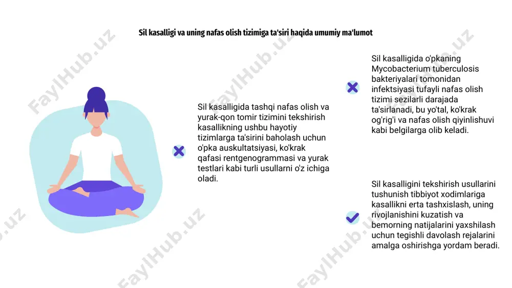 qon bosimini va suyuqlikni ushlab turish belgilarini tekshiradilar. yurak-qon tomir tizimining fizik tekshiruvi sil bilan og'rigan bemorlarda yurak asoratlarini erta aniqlashga yordam beradi, tezkor aralashuv va davolash imkonini beradi. yurak faoliyatini yaqindan kuzatib borish jiddiy oqibatlarning oldini oladi va kasallikning umumiy prognozini yaxshilaydi. mental health infographics tuberkulyozda tashqi nafas olish tizimini tekshirish o'pka funktsiyasini, kislorod miqdorini va nafas olish paytida g'ayritabiiy tovushlarni baholashni o'z ichiga oladi. yurak-qon tomir tekshiruvi yurak urish tezligi, qon bosimi va ko'krak qafasidagi og'riqlar yoki yurak urishi kabi yurak-qon tomir kasalliklari belgilariga qaratilgan. sil kasalligida yurak-qon tomir kasalliklarining umumiy belgilari orasida ko'krak og'rig'i, nafas qisilishi, hushidan ketish va oyoqlarda shish paydo bo'ladi. bundan tashqari, bemorlarda charchoq, tartibsizlik yurak urishi va umumiy zaiflik paydo bo'lishi mumkin. tashqi nafas olish va yurak-qon tomir tizimlarini sinchkovlik bilan o'rganib, shifokorlar sil kasalligi bilan bog'liq asoratlarning har qanday belgilarini erta aniqlashlari mumkin. bu kasallikni o'z vaqtida davolash va boshqarish, bemorning natijalarini …