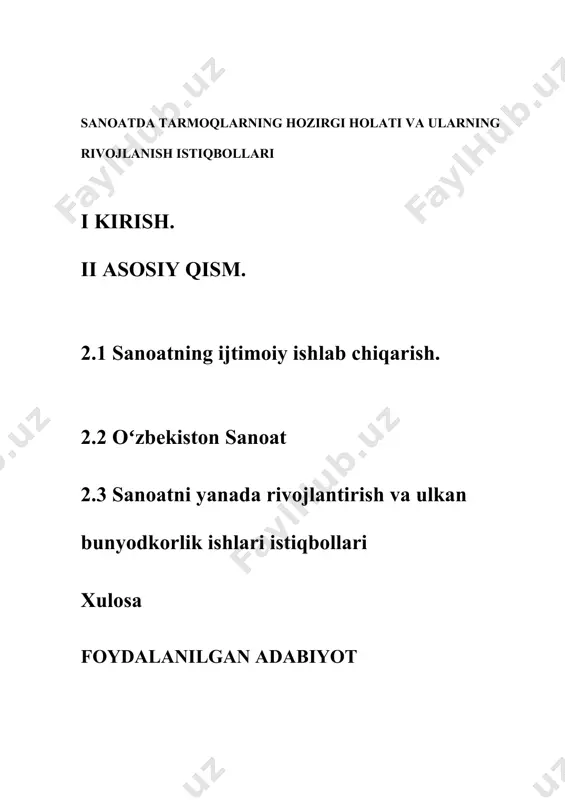 anoati; qurilish materiallari sanoati; qurilishkonstruksiyalari va detallari sanoati; oyna va chinnifayans sanoati; yengil s; oziq-ovqat sanoati; mikrobiologiya sanoati; unyorma va aralash yem sanoati; tibbiyot sanoati; poligrafiya sanoat boʻ sanoat tarmoqlari ham oʻz navbatida — ishlov beruvchi sanoat va undiruvchi sanoat turlariga guruhlanadi. sanoatning ijtimoiy ishlab chiqarish sanoatning ijtimoiy ishlab chiqarishning mustaqil tarmogʻi sifatida vujudga kelishi hunarmandchilikning qishloq xoʻjaligidan ajralib chiqishi — ikkinchi eng yirik mehnat taqsimoti bilan bogʻliq. kapitalistik sanoat gʻarbiy yevropa mamlakatlarida 14—15-asrlarda paydo boʻddi va oddiy kapitalistik kooperatsiya, manufaktura va yirik mashina industriyasi — fabrika bosqichlarini bosib oʻtdi, 18-asr oxiri — 19-asr boshlarida manufakturadan mashina industriyasiga oʻtish dastlab angliyada, keyinroq boshqa yevropa mamlakatlarida sanoat toʻntarishi tusini oldi. rossiya va boshqa ayrim mamlakatlarda sanoat 18-asr boshidan manufaktura koʻrinishida rivojlandi, 19-asrning 2-yarmidan mashina industriyasi taraqqiy etdi. oʻzbekiston xududida sanoat taraqqiyoti ildizini uzoq tarixga ega boʻlgan hunarmandchilik tashkil etgan. samarqand, buxoro, urganch, toshkent, qoʻqon, margʻilon, namangan, andijon kabi shaharlarda mayda va …