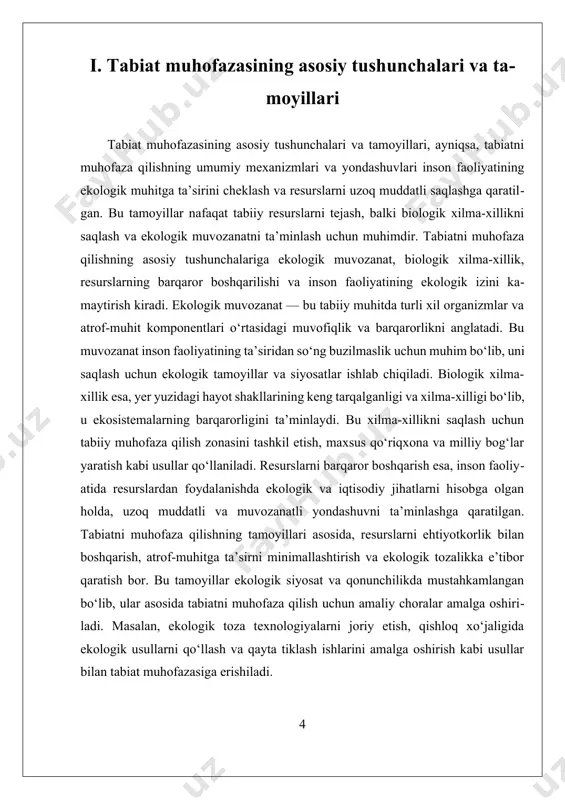 riy etish, tabiiy muhitni muhofaza qilish uchun maxsus zonasini tashkil qilish, qayta tiklash va tabiiy muhitni muhofaza qilish siyosatlari muhim o‘rin tutadi. birinchidan, ekologik texnologiyalar resurslarni samarali va muvozanatli boshqarish uchun asos bo‘lib xizmat qiladi. masalan, qishloq xo‘jaligida ekologik texnologiyalarni joriy etish orqali yer, suv va o‘simlik resurslaridan uzoq muddatli foydalanish imkoniyati oshadi. bu texnologiyalar orasida ekologik o‘g‘itlar, organik o‘g‘itlar, va suvni tejash usullari keng qo‘llaniladi. ular yer unumdorligini saqlab qolishga yordam beradi, yer eroziyasini kamaytiradi va tabiiy muhitga zarar yetkazmaydi. bundan tashqari, energiya samaradorligi va atrof-muhitga zarar yetkazmaydigan texnologiyalar ham rivojlanmoqda, masalan, quyosh va shamol energetikasi. ikkinchidan, tabiiy muhitni muhofaza qilish uchun maxsus ekologik zonasini tashkil etish muhimdir. bu zonasida inson faoliyatining cheklovlari bilan birga, biologik xilma-xillikni saqlash va muhofaza qilish uchun qator chora-tadbirlar amalga oshiriladi. masalan, milliy bog‘lar, tabiat qo‘riqxonalari va zamin muhofaza qilish hududlari tashkil etiladi. bu hududlarda tabiiy o‘simliklar va hayvonot dunyasi muhofaza qilinadi, ularning muhitga …