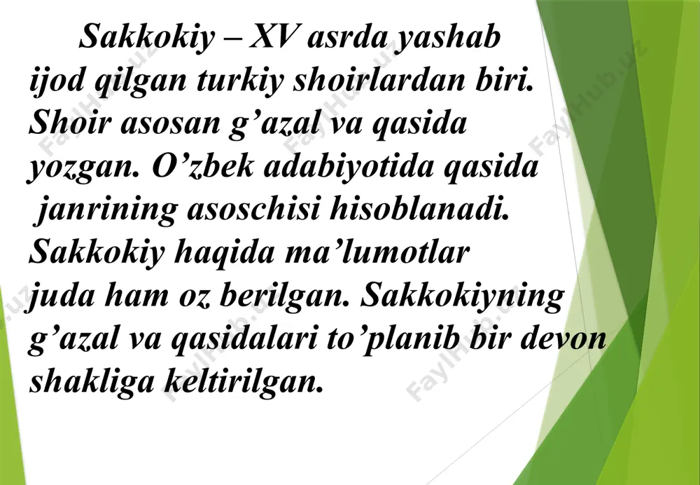 lari chinmi yoki yolg’onmi bu oshiq uchun noma’lumdir. shu sabab oshiq raqiblarining qattiq ko’ngilli ekanini ta’kidlab, ular haqiqatda achindimi yoki aksinchami shunga ikkilanadi. bildilar yuzdin ko’rub sakkokiy holin so’rmayin, xosu omu shahru deh, donovu nodon yig’ladi. 6-misra. nihoyat, g’azal maqtasiga yetib keldik. an’anaga binoan sakkokiy ham maqtada o’zining taxallusini qo’llaydi. bu misrada sakkokiyning holini so’ramasdan uning yuzidan xor va nochorligi bilinib turganligi uchun dono-yu nodon, xatto shahar dehqoni-yu bekorchisi ham yig’lagani aytiladi. bu g’azalda avval aytkanimizdek hech bir g’azalnavisda uchratmagan o’xshatishlarni ko’rishimiz mumkin. sakkokiy g’azalida tengi yo’q bir malak siymosidagi mashuqani tasvirlaydi. bu g’azalida u mashuqasini ishqida kuyib ado bo’lganligi, xatto yuzidan ham uning oshiq ekanligi ko’rinib turganligidan yig’lashayotganini yozadi. sakkokiy g’azalidagi oshiq oddiy oshiq emas. u haqiqiy oshiqdir. fikrimcha bu yerda mashuqa bir pari (qiz) emas, balki bu mashuqa orqali alloh nazarda tutilyapti deb o’ylayman. g’azalda qo’llanilgan badiiy san’atlar: 1-misrada mashuqani pariga o’xshatish orqali tashbex san’atida foydalanilgan. tan kuydi-yu, …