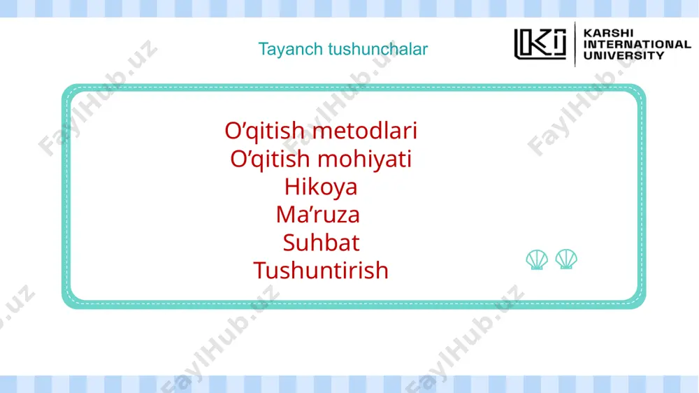 svirlash yoki bilan ixcham, qisqa va izchil bayon qilinishi. suhbat - savol va javob shaklidagi dialogik ta’lim metodi bo’lib, u fanga qadimdan ma’lum, xatto undan o‘z faoliyatida suqrot ham mohirona foydalangan. foydalanilgan adabiyotlar ro’yhati r.mavlonova, n.rahmonqulova. boshlang’ich ta’limda pedagogika, innovatsiya , integratsiya. o’quv qo’llanma. g’afur g’ulom nomidagi nashriyot-matbaa ijodiy uyi. t.:-2013. ( 80-95 b) r.a.mavlonova., n.h.rahmonqulova. umumiy pedagogika. “fan va texnologiya” t:. 2018y (144-165 b) e’tiboringiz uchun rahmat image1.png image2.png image3.png image4.png image5.png image6.png image7.png image8.png