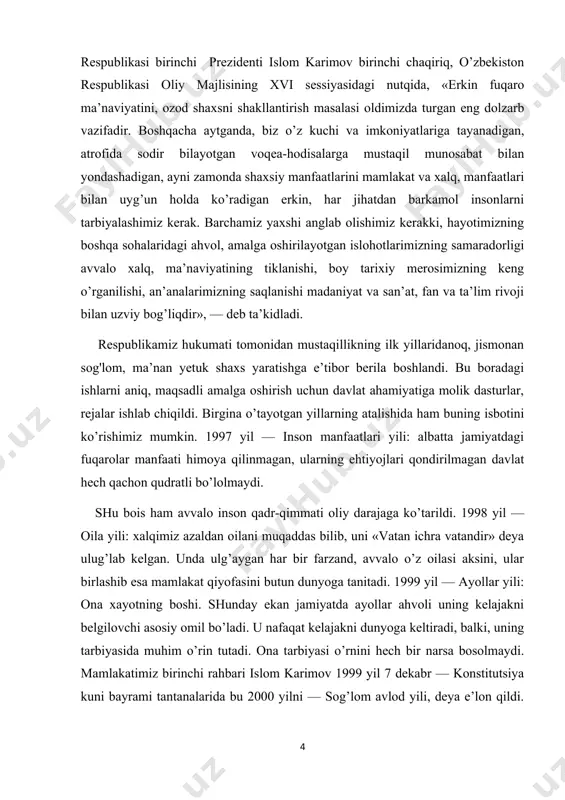 laydi. kurs ishi maqsadi : mavzuning nazariy asoslarini o`rganish va shular asosida amaliy tavsiyalar ishlab chiqish. kurs ishi vazifasi : 1. mavzuga oid pedagogik va psixologik adabiyotlarni izlab toppish 2. topilgan adabiyotlarni nazariy o`rganib chiqish 3. o`rganilgan nazariy bilimlar asosida amaliy tavsiyalar ishlab chiqish kurs ishi farazi : o’zbek oilalarida barkamol avlodni tarbiyalashdagi o’rni benihoya katta. bu yerda asrlar davomida shakllanib kelgan milliy an‟analar, ota-onalar va bolalarning o’zaro hamkorligi va hurmati, qarindoshlarning bir-biriga yordam qo’lini cho’zilishi, oilaviy pokizalik talabalarini saqlanishi kabi urf-odatlar o’sib kelayotgan yosh avlod ma‟naviyati va axloqi uchun negizga aylanadi, maishiymadaniy turmushning asosiy tushunchalari va qoidalari xalqimizning urf-odatlari, marosimlari va rasm-rusumlari mustahkam qo’rg’ondagidek saqlanib qoladi va avloddan avlodga yetkazib beriladi. bugungi kunda sog’lom, aqlli, bilimli, tashabbuskor, fidoiy yoshlarni oila muhitida tarbiyalash dolzarb vazifadir. kurs ishi tuzilishi : kirish qism, ii bob, 4 bo`lim, xulosa, tavsiyalar foydalanilgan adabiyotlar ro`yxati i bob bola shaxsining shakllanish jarayonlarining nazariy tahlili 1.1 o`zbek …